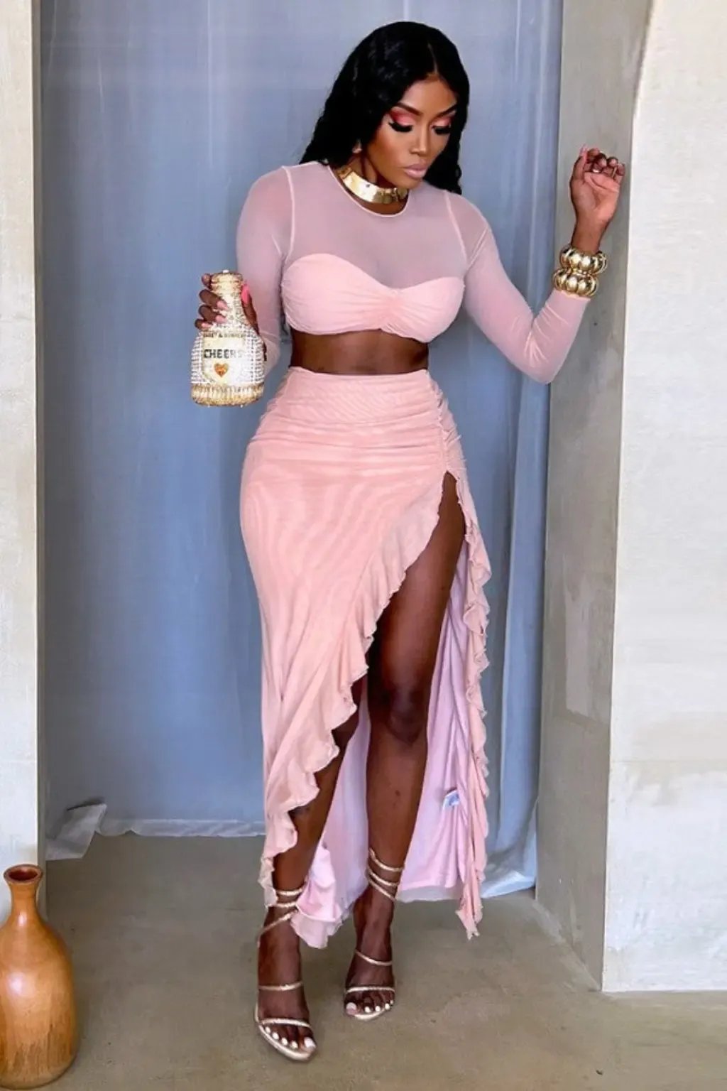 Arabella pink hollow ruffle maxi dress - Epicplacess