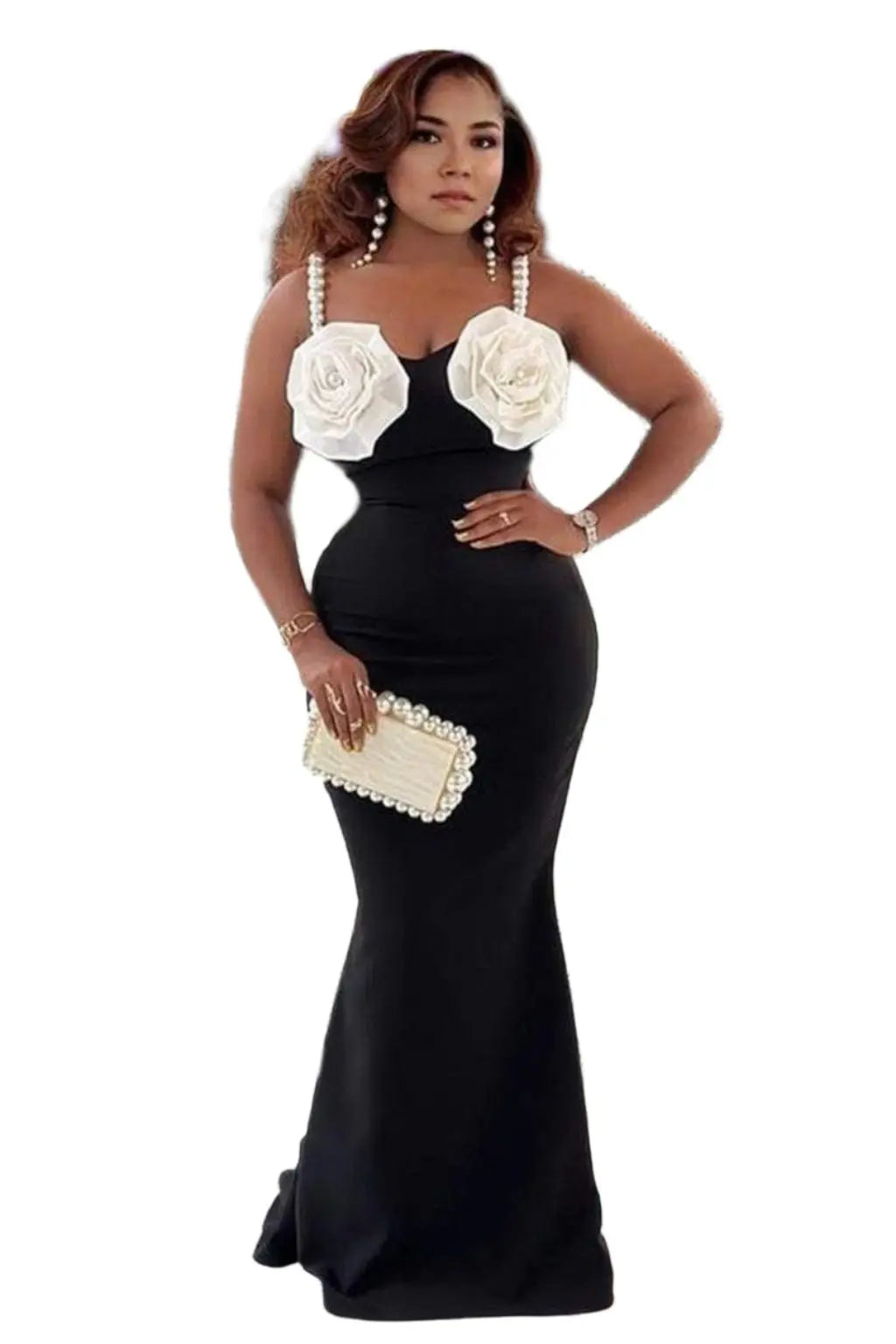 Chiffon Gown Rose Fishtail Maxi Dress- Black - Epicplacess