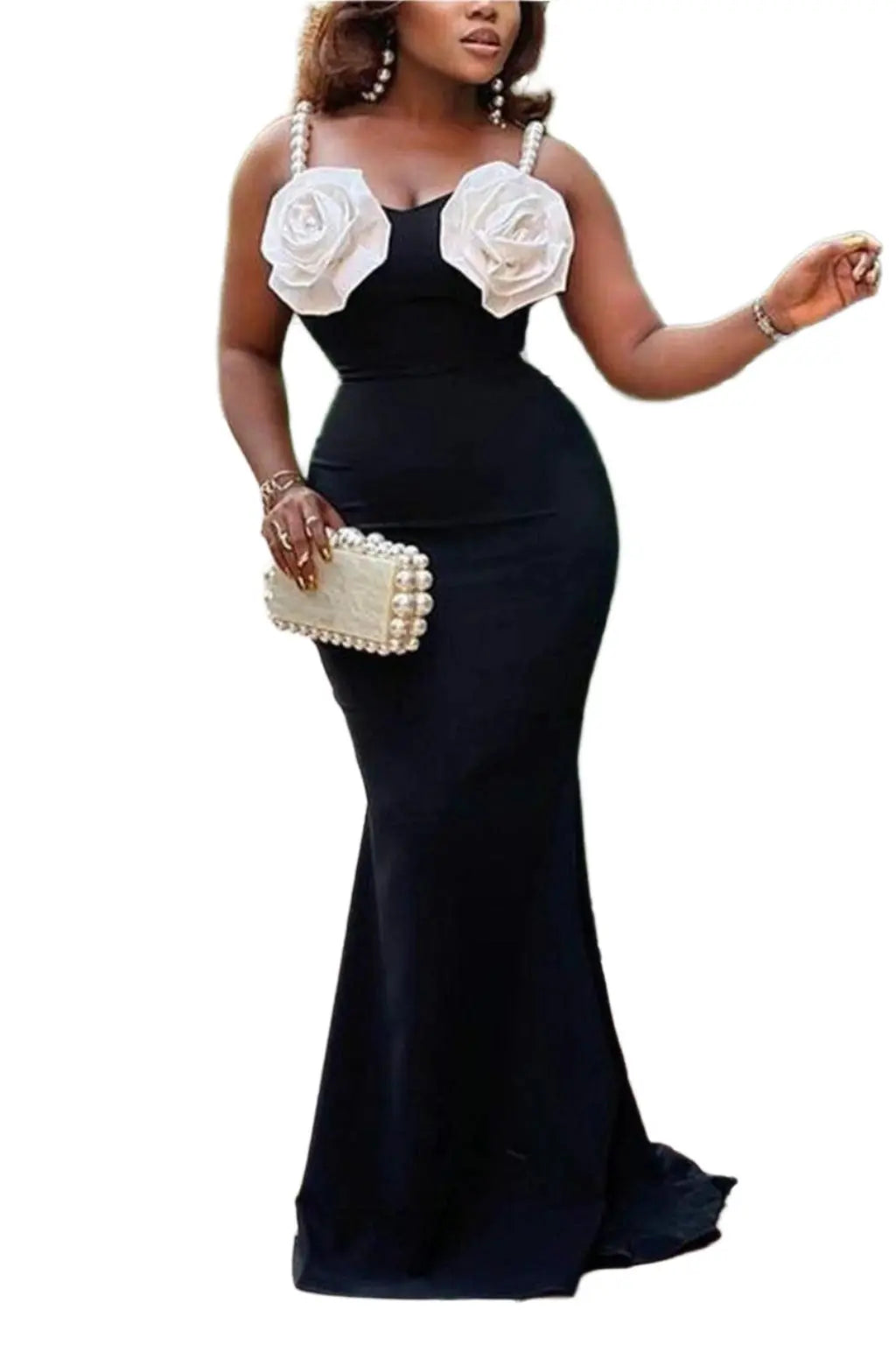 Chiffon Gown Rose Fishtail Maxi Dress- Black - Epicplacess