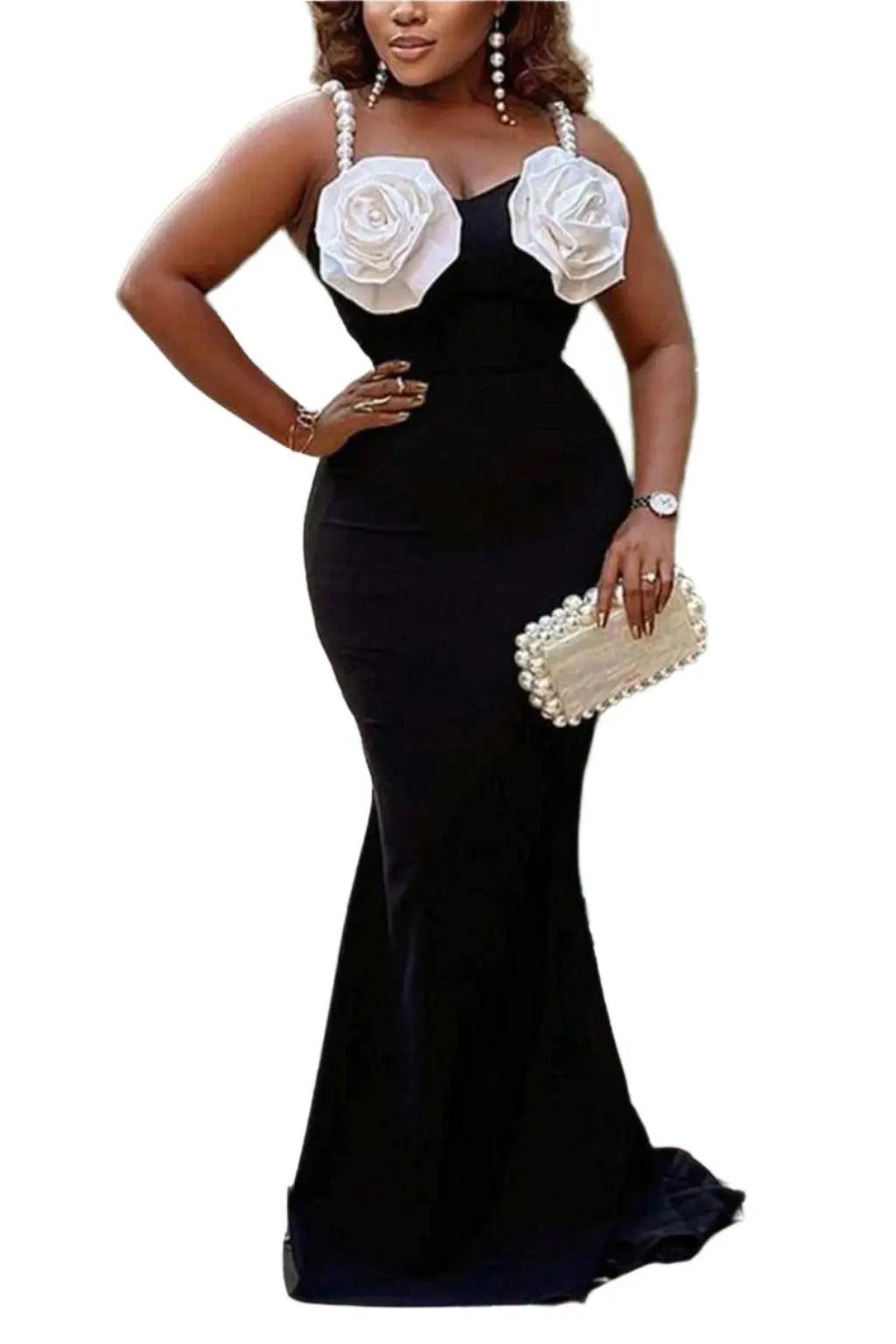 Chiffon Gown Rose Fishtail Maxi Dress- Black - Epicplacess