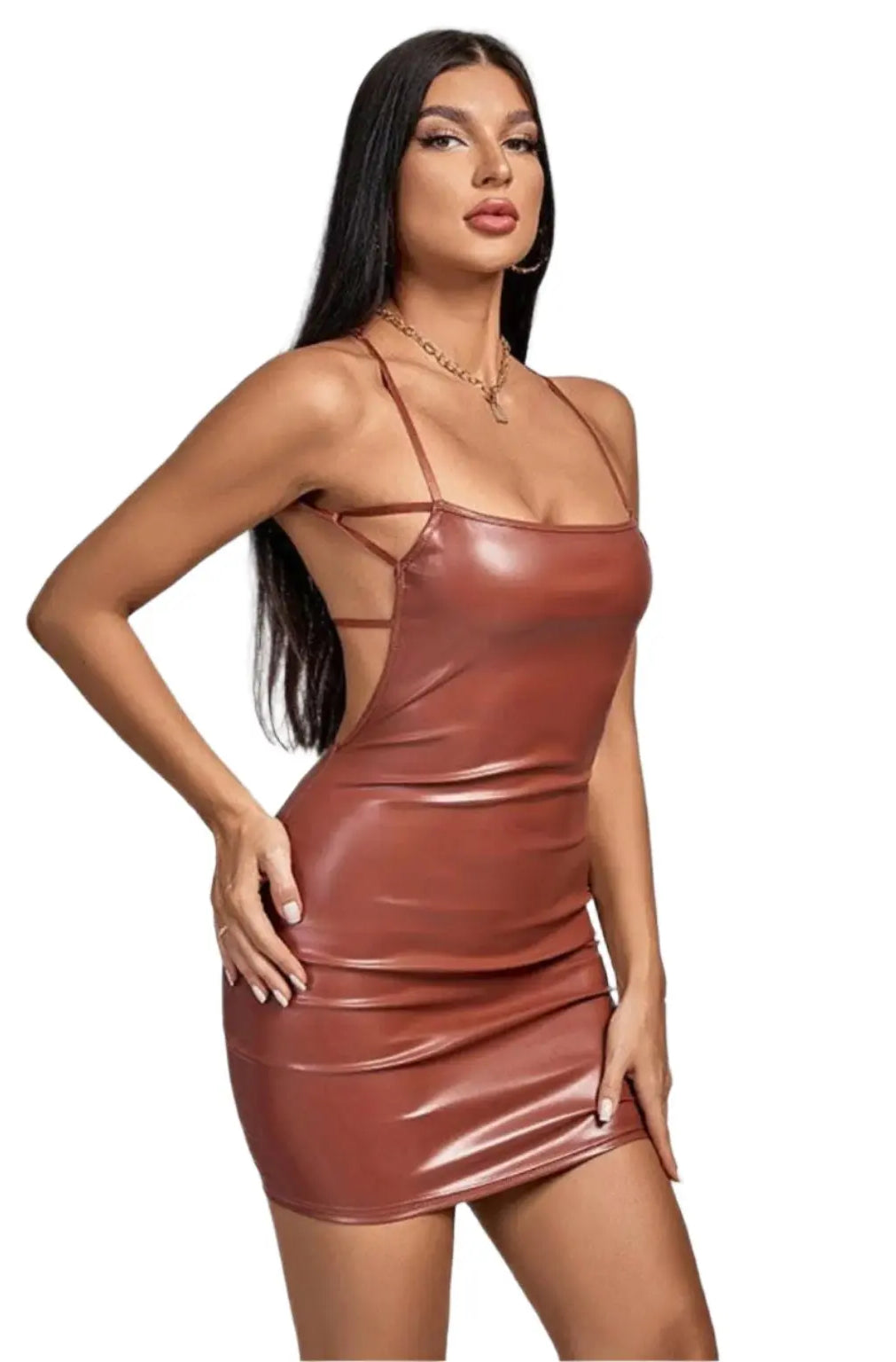 Countermove Halter Leather Mini Dress - Brown Dress Epicplacess