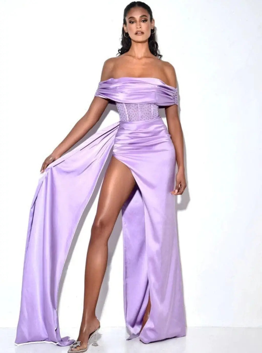 Crystal Corset Satin Maxi Dress - Purple - Epicplacess