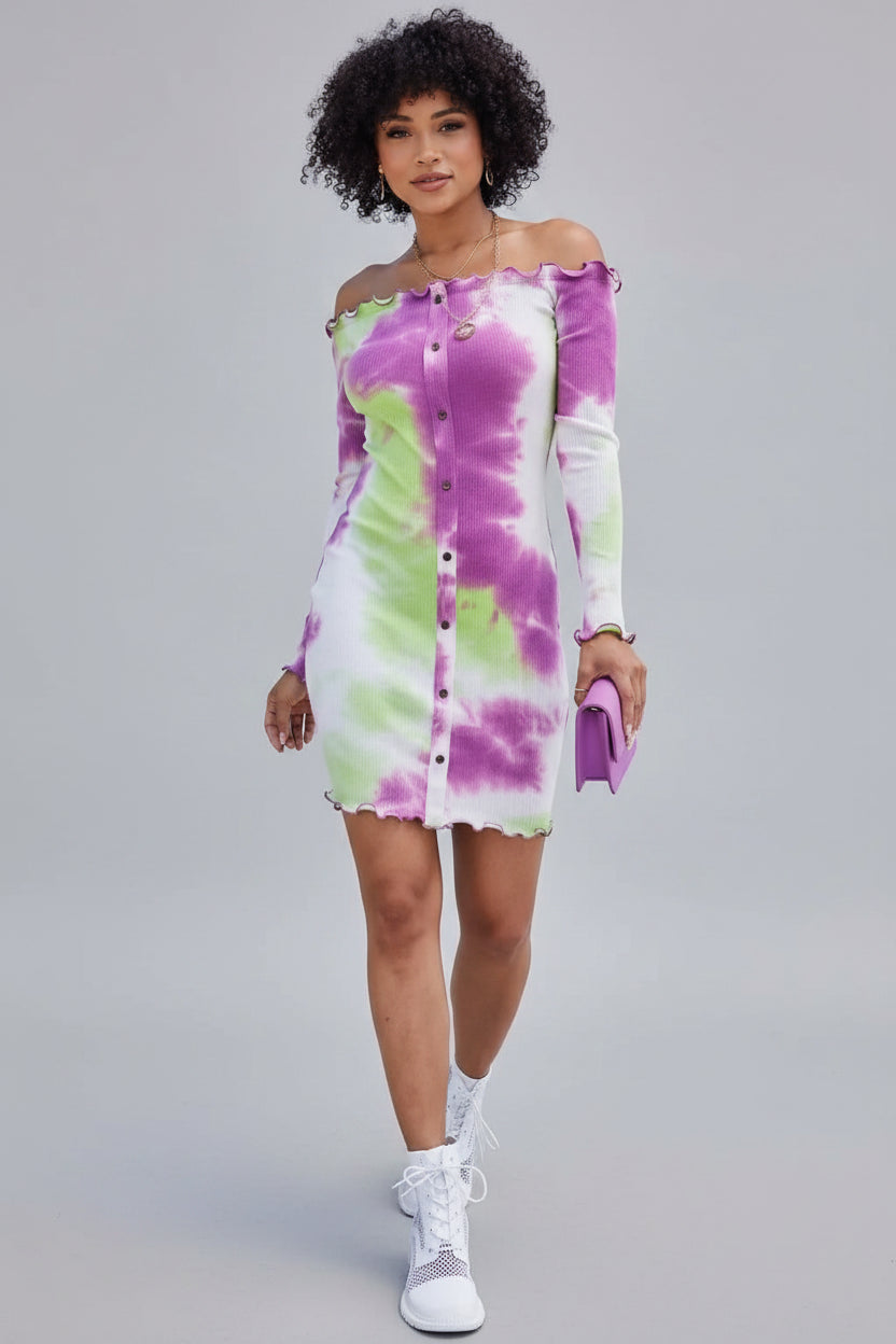 Off Shoulder Rib Knit Tie-Dye Mini Dress-Purple - Epicplacess
