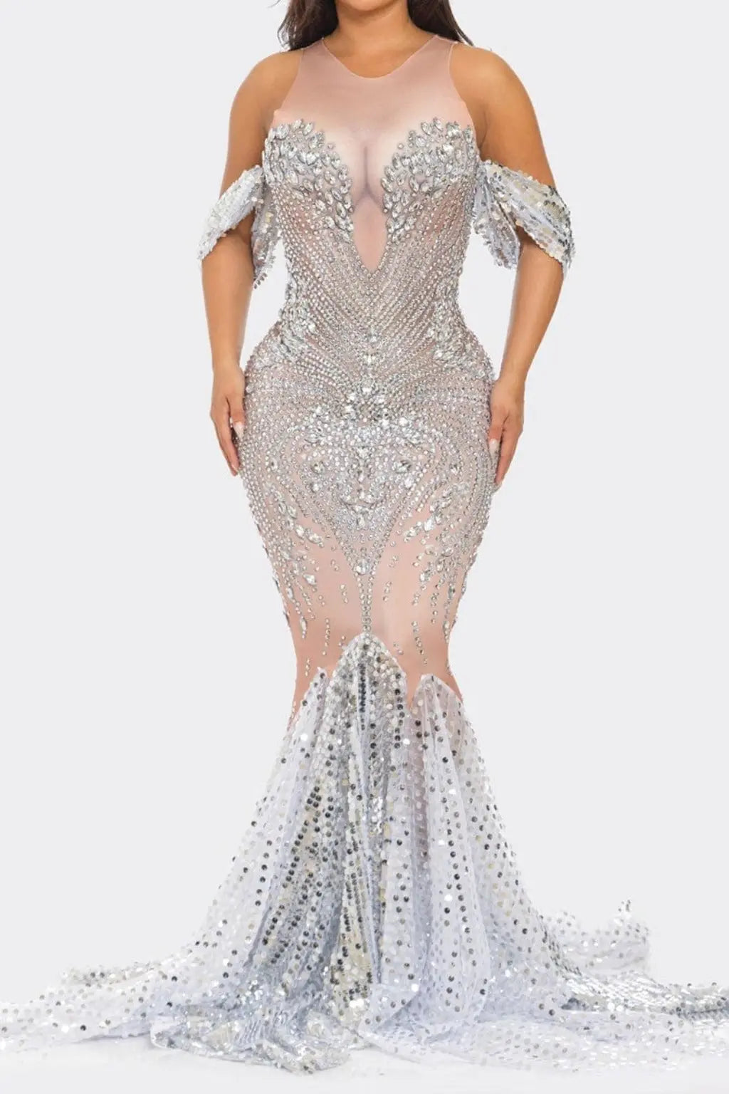 Valerie 3D Cleavage Diamante Maxi Dress Dress Epicplacess S Silver/Nude
