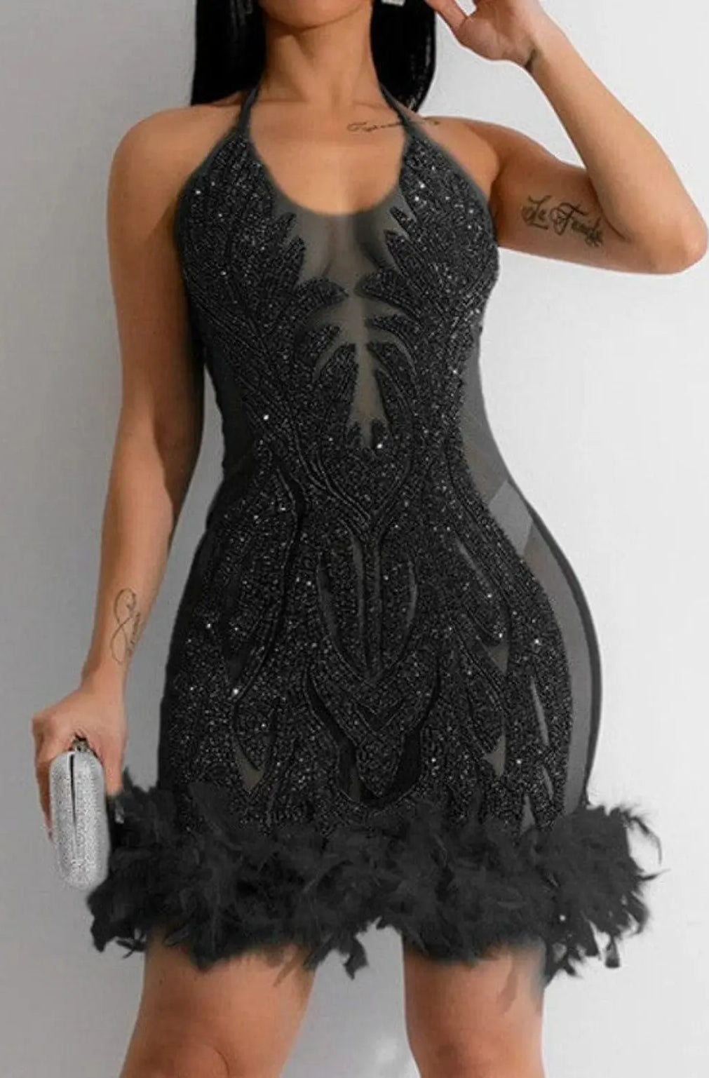 Dazzling Turquoise Embellished Feather Mini Dress Dress Epicplacess M balck