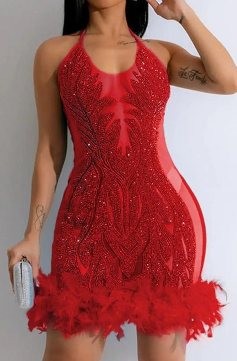 Dazzling Turquoise Embellished Feather Mini Dress Dress Epicplacess M Red