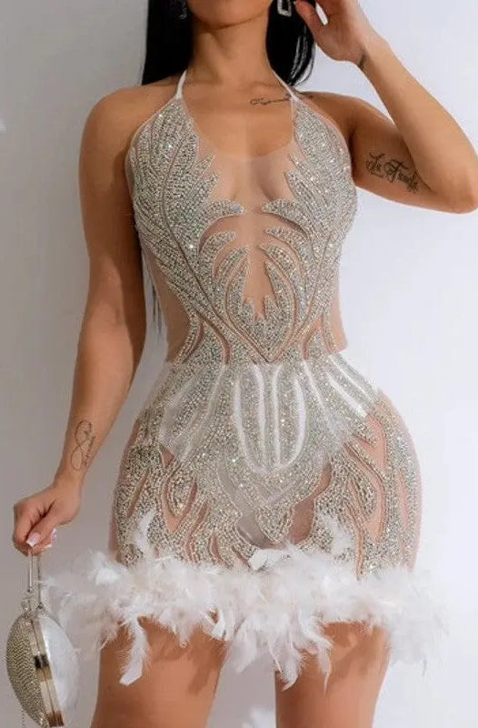 Dazzling Turquoise Embellished Feather Mini Dress Dress Epicplacess S White