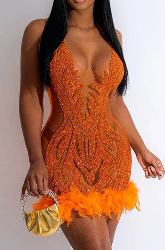 Dazzling Turquoise Embellished Feather Mini Dress Dress Epicplacess S Orange