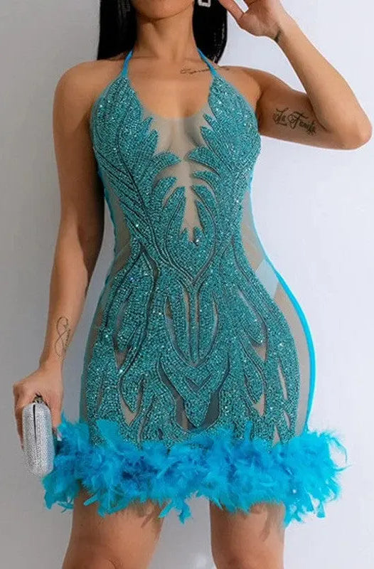 Dazzling Turquoise Embellished Feather Mini Dress Dress Epicplacess S Blue