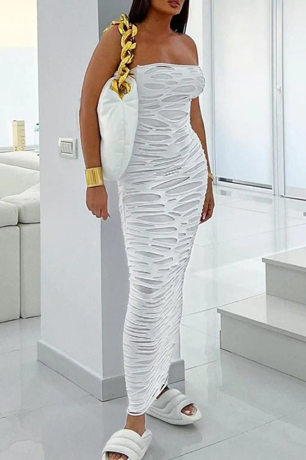 Ripped cutout Sky Siren Maxi Dress-white - Epicplacess