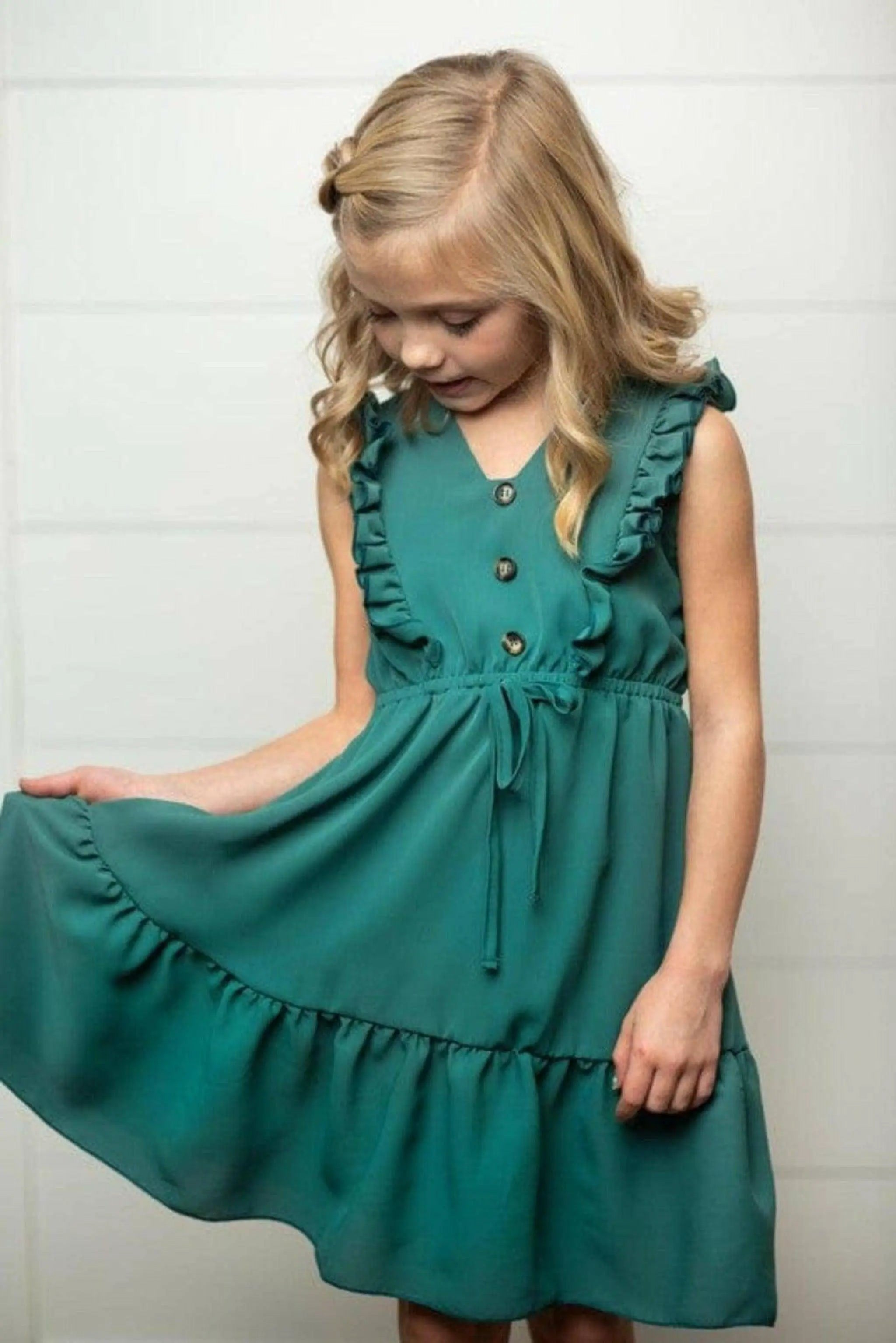Kids Dark Teal Ruffle Front Button Dress - Epicplacess