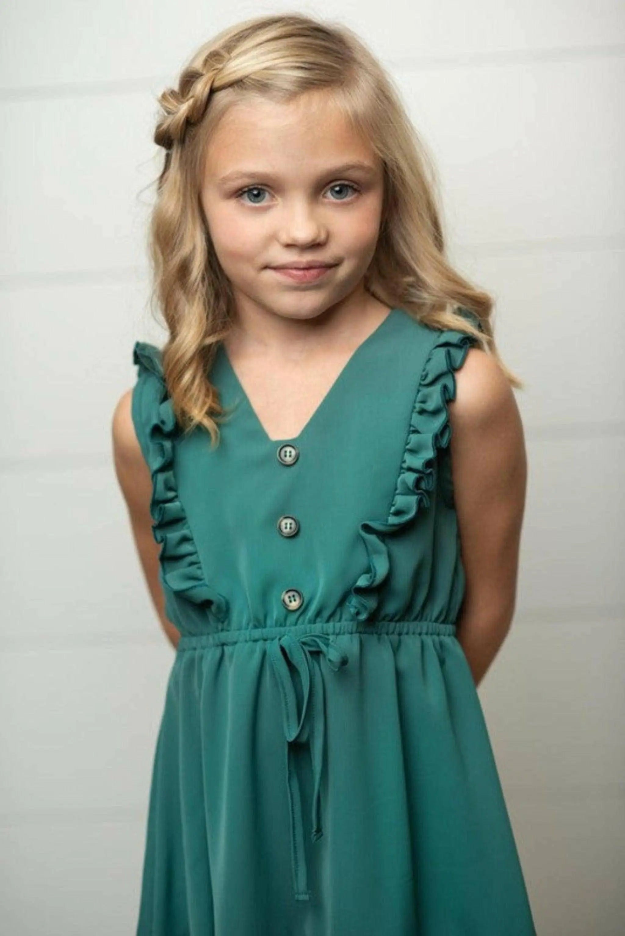 Kids Dark Teal Ruffle Front Button Dress - Epicplacess