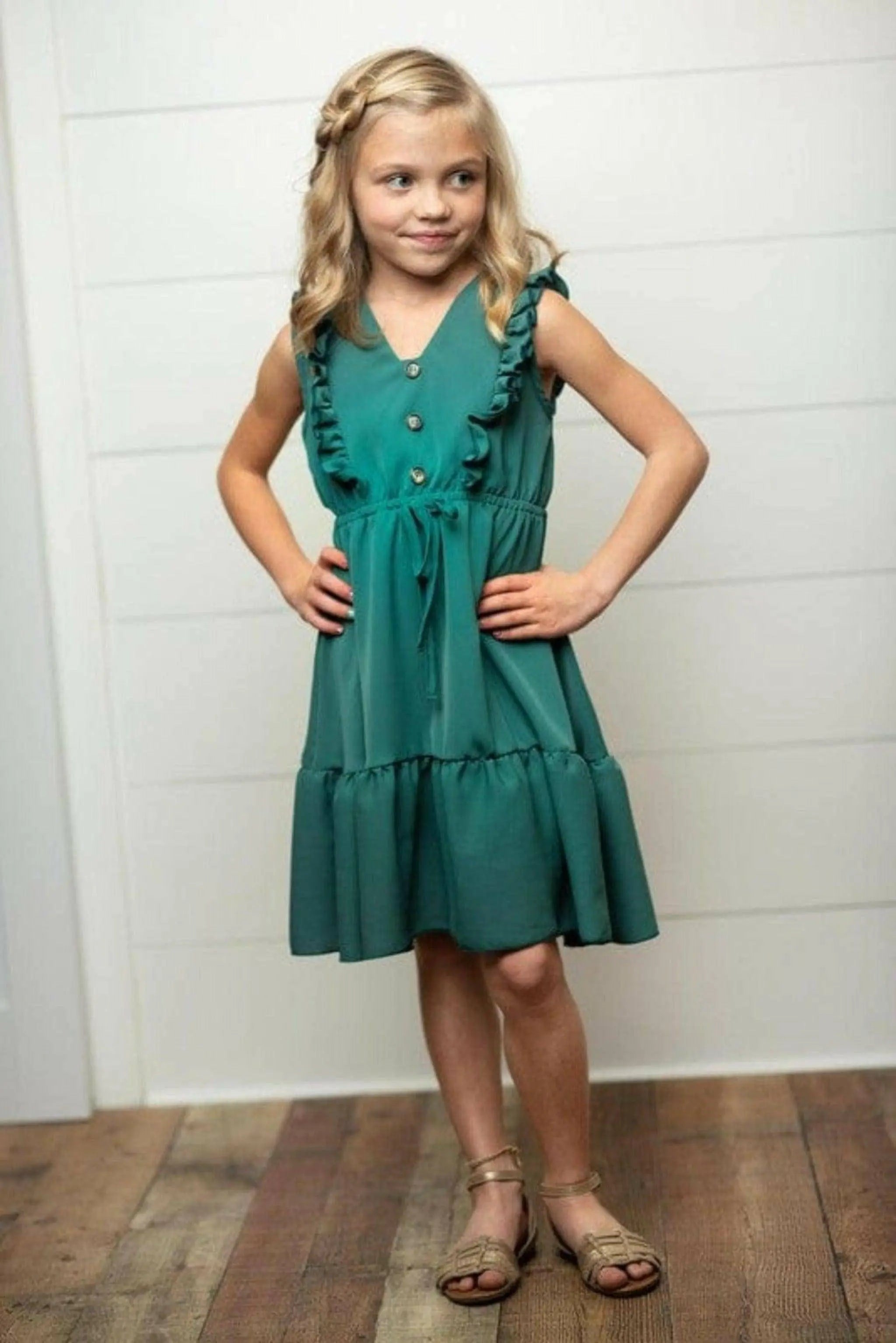 Kids Dark Teal Ruffle Front Button Dress - Epicplacess