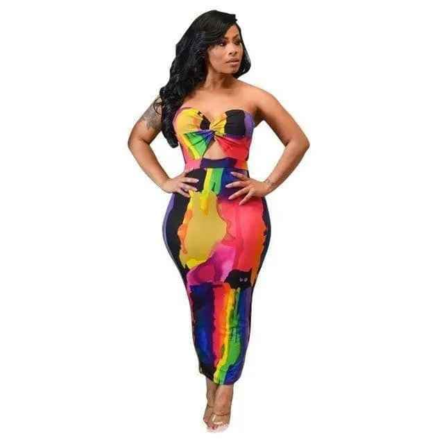 Neon tie-dye strapless midi dress front view - Epicplacess