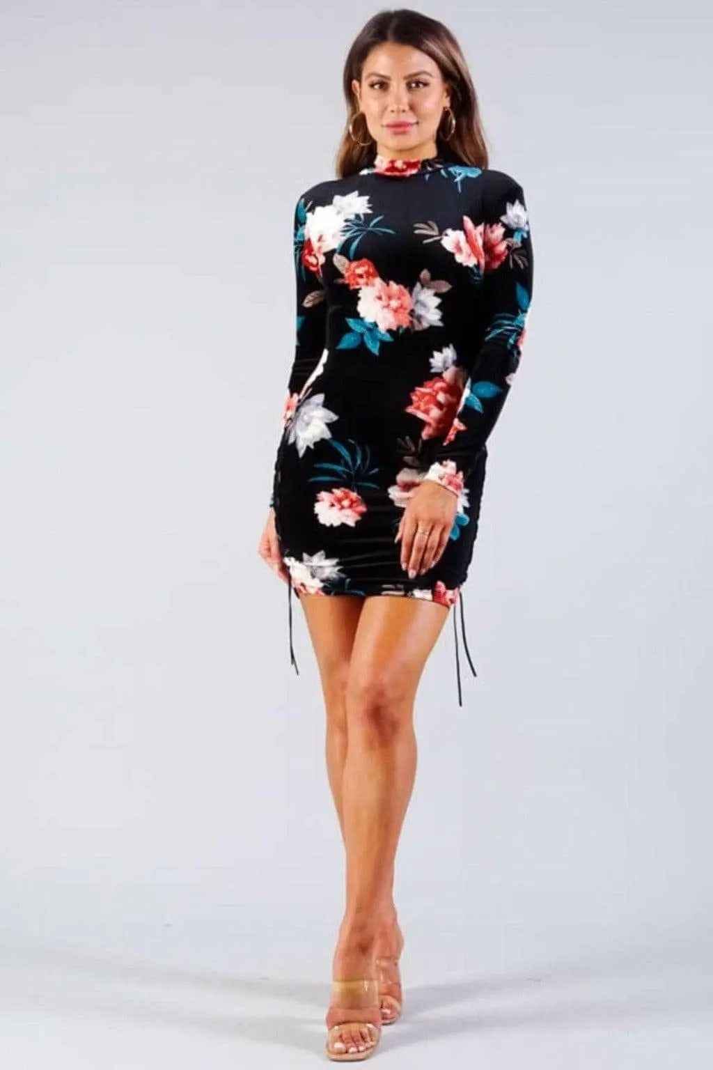 Velvet floral mini dress outfit view - Epicplacess