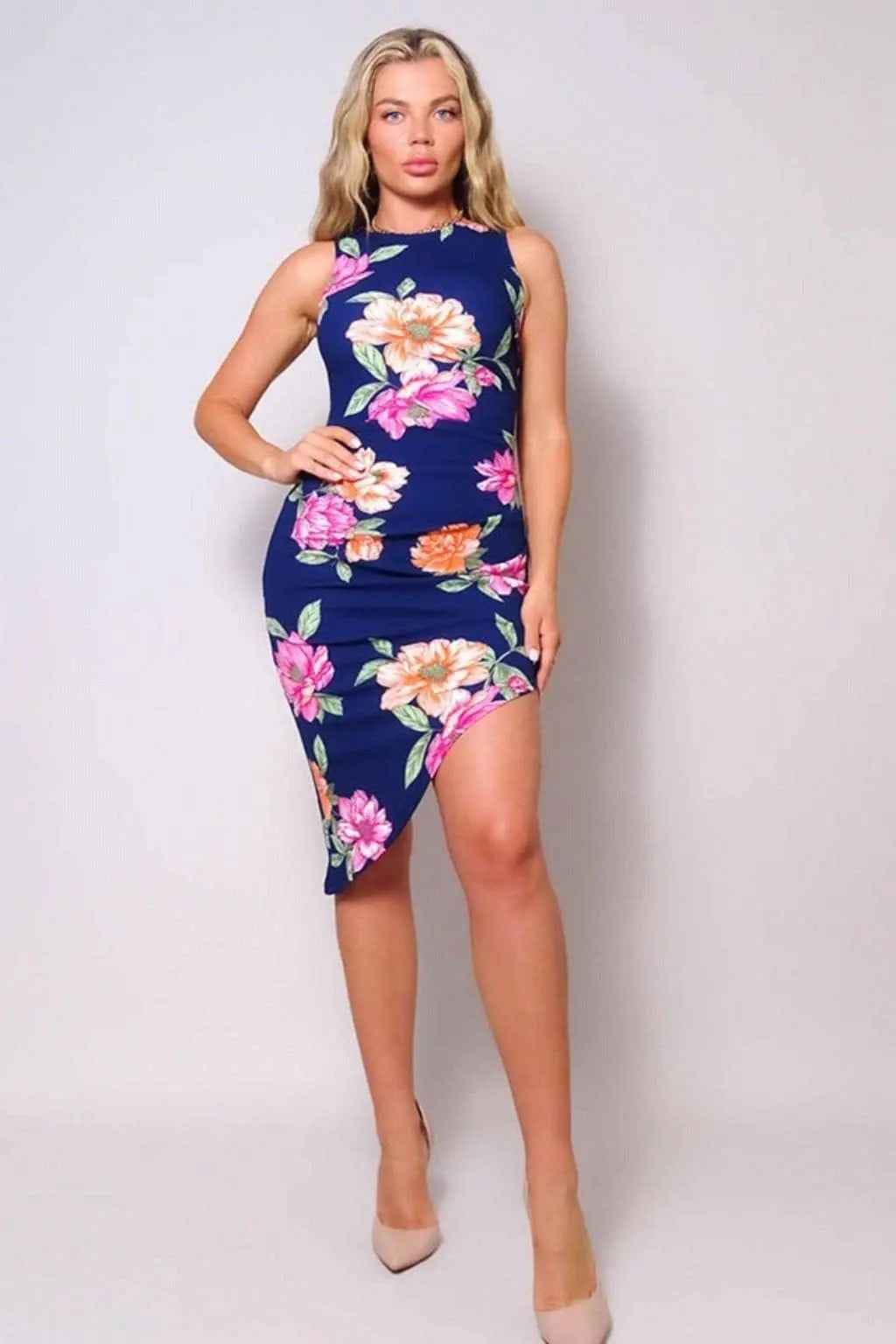 Navy Pink Lily floral midi dress - Epicplacess