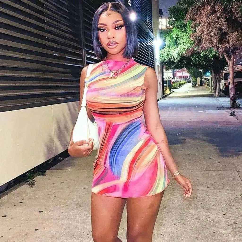 Pink stripe mini dress outfit view - Epicplacess