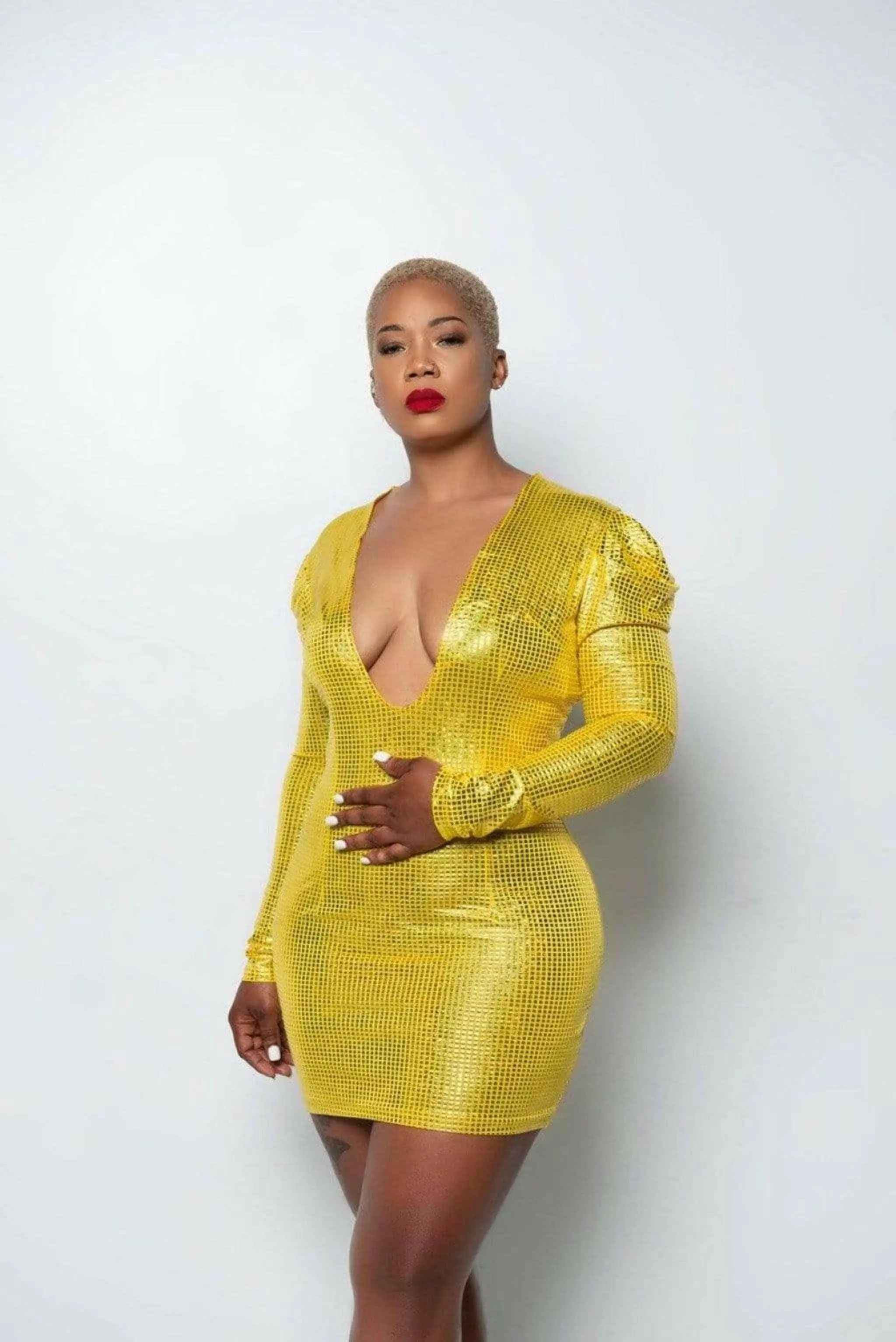 Yellow shiny mini dress front view - Epicplacess