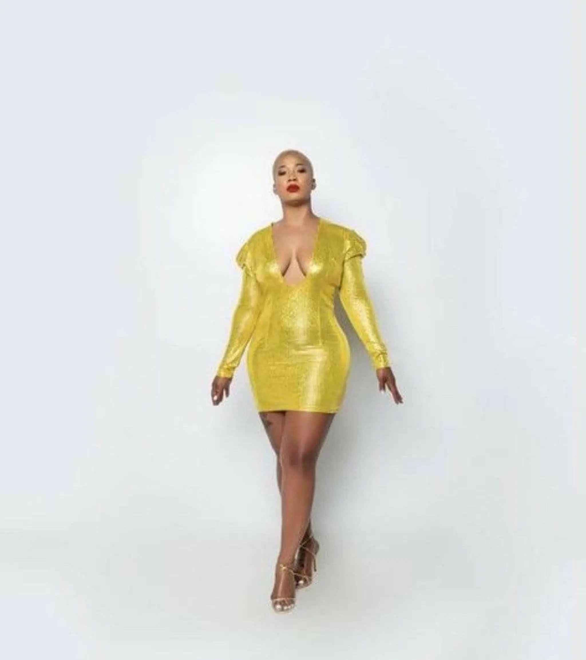 Yellow shiny mini dress outfit view - Epicplacess