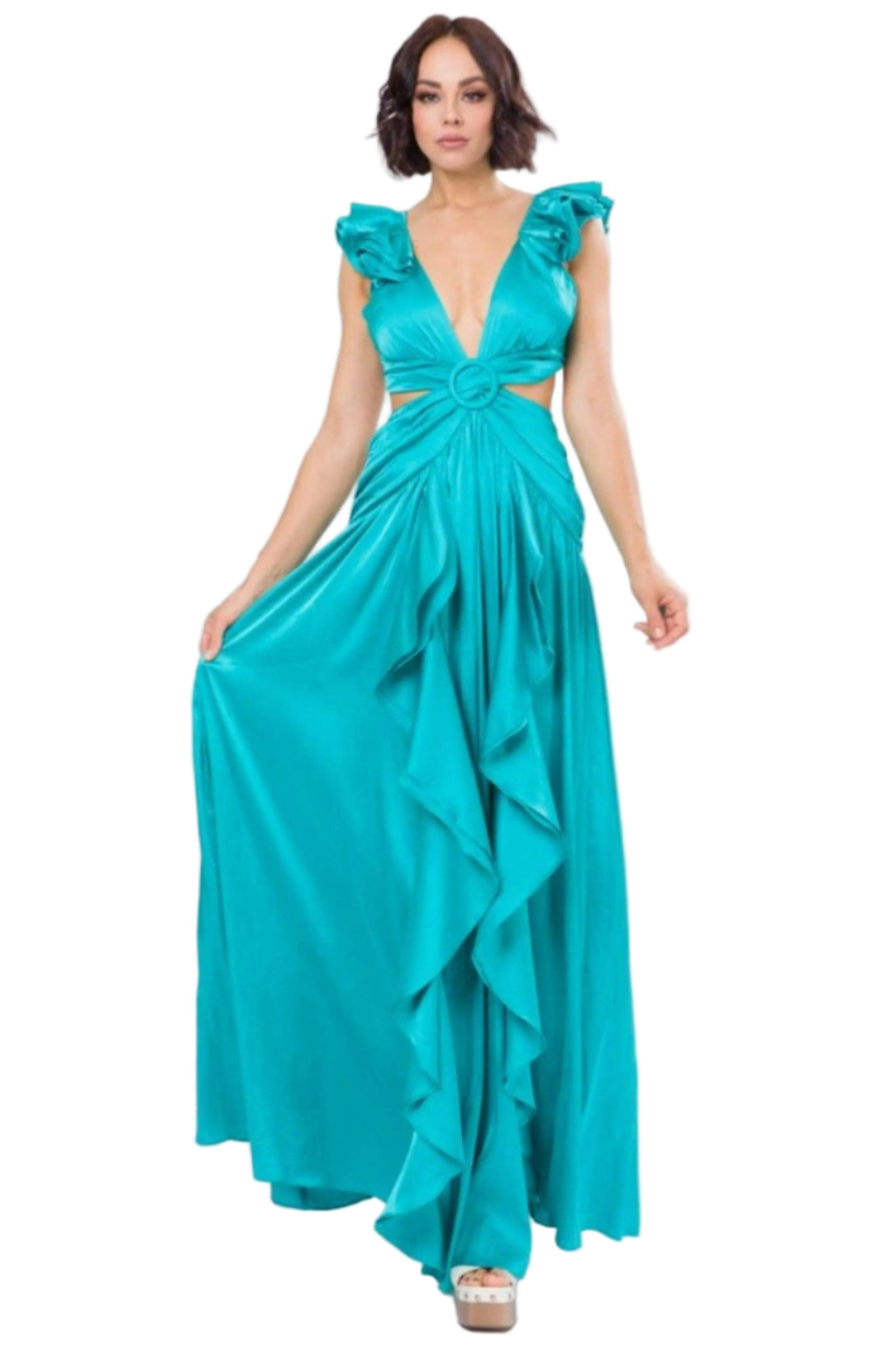 Solid Satin Ruffle Sleeve Gown Maxi Dress - Epicplacess