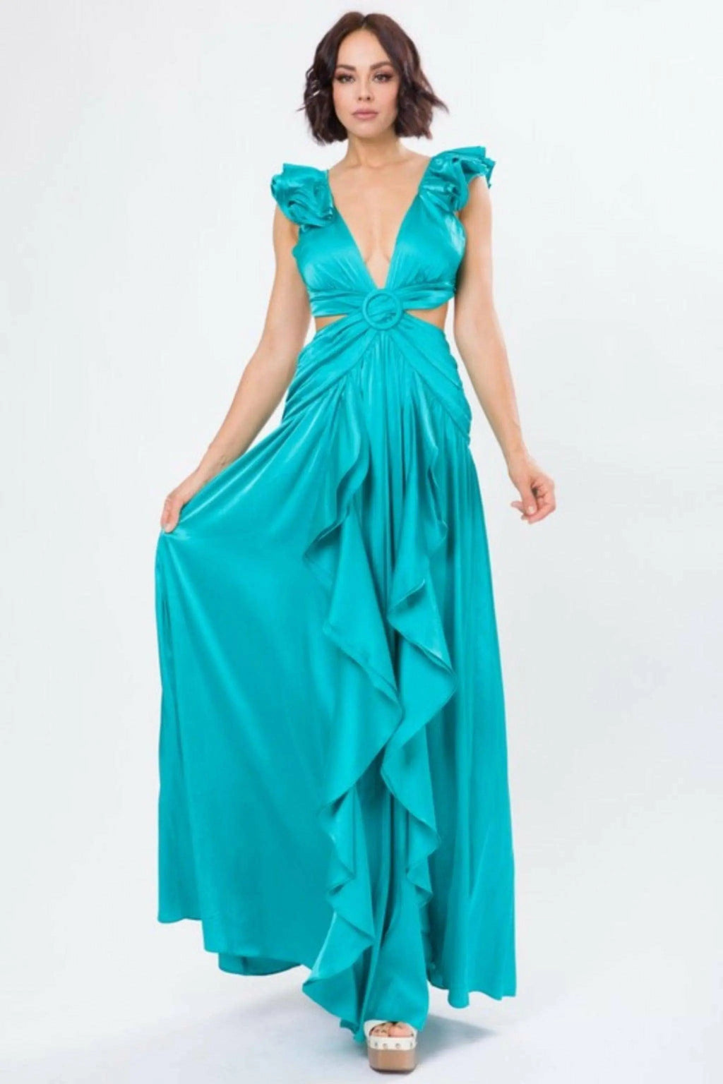 Solid Satin Ruffle Sleeve Gown Maxi Dress - Epicplacess
