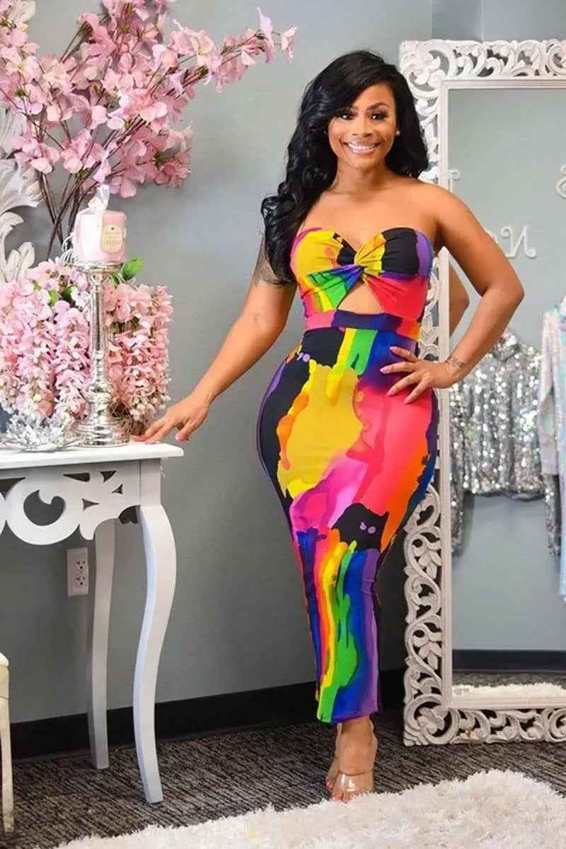 Neon tie-dye strapless midi dress - Epicplacess