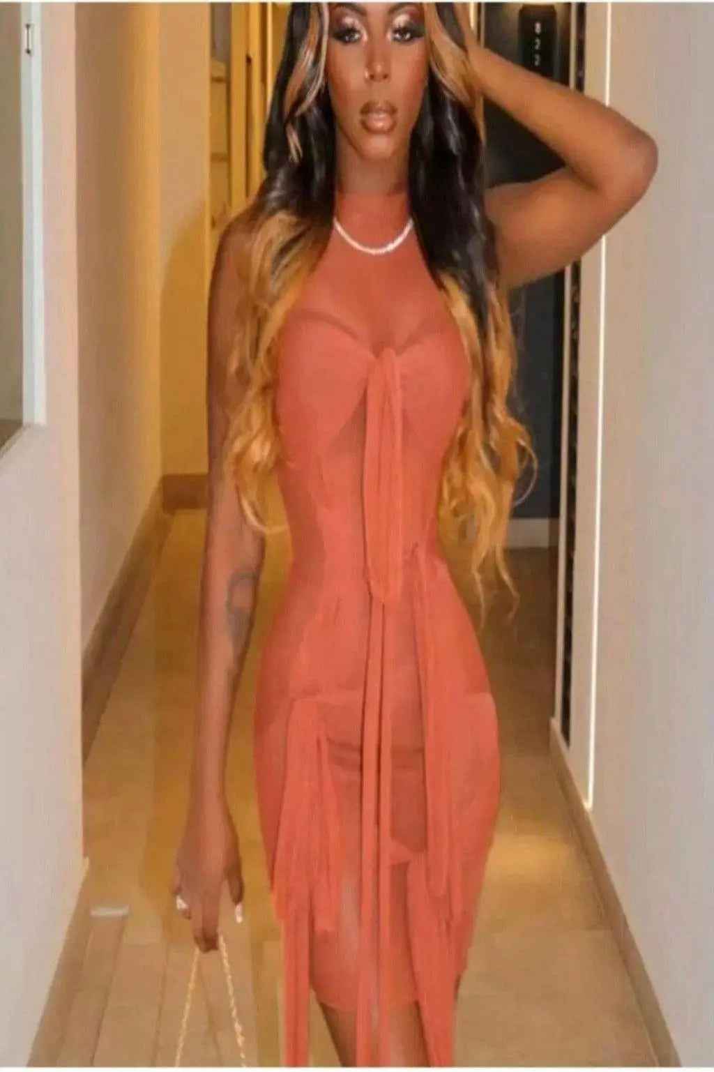 Self-tie waist mini shirt dress front view - Epicplacess