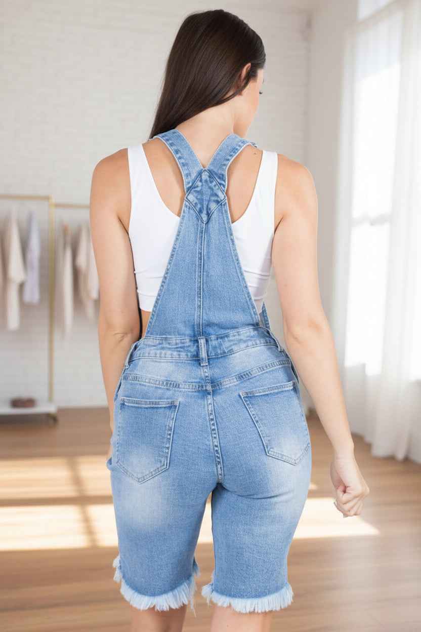 Blue short overalls back view - Epicplacess