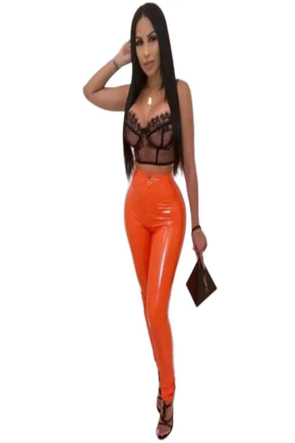 Orange faux leather stacked pants - Epicplacess