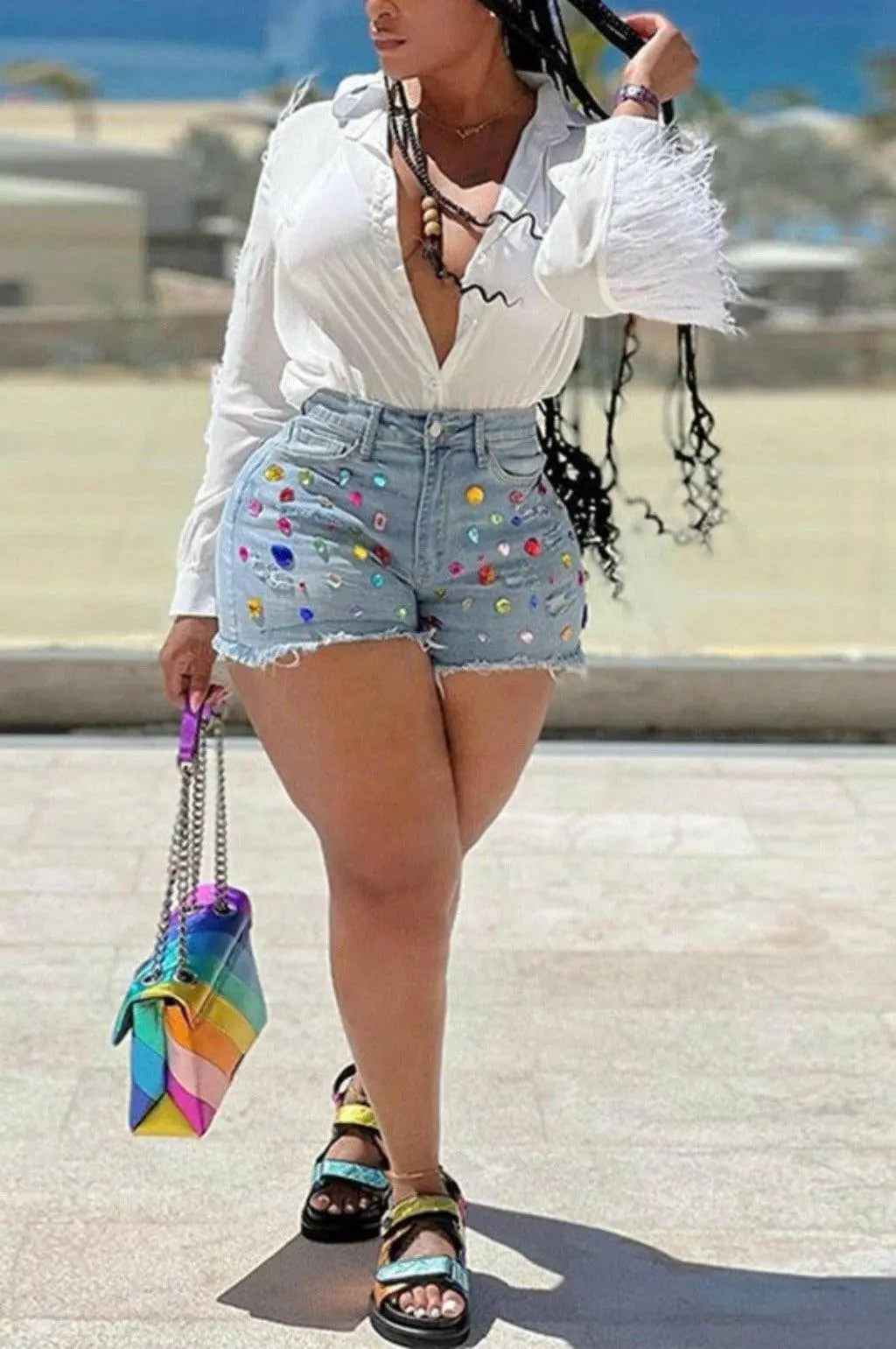 Blue denim shorts front view - Epicplacess
