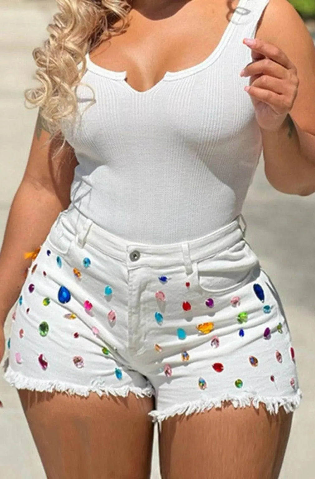 Rhinestone On - Jewel Denim Shorts Shorts Epicplacess Large WHITE united states