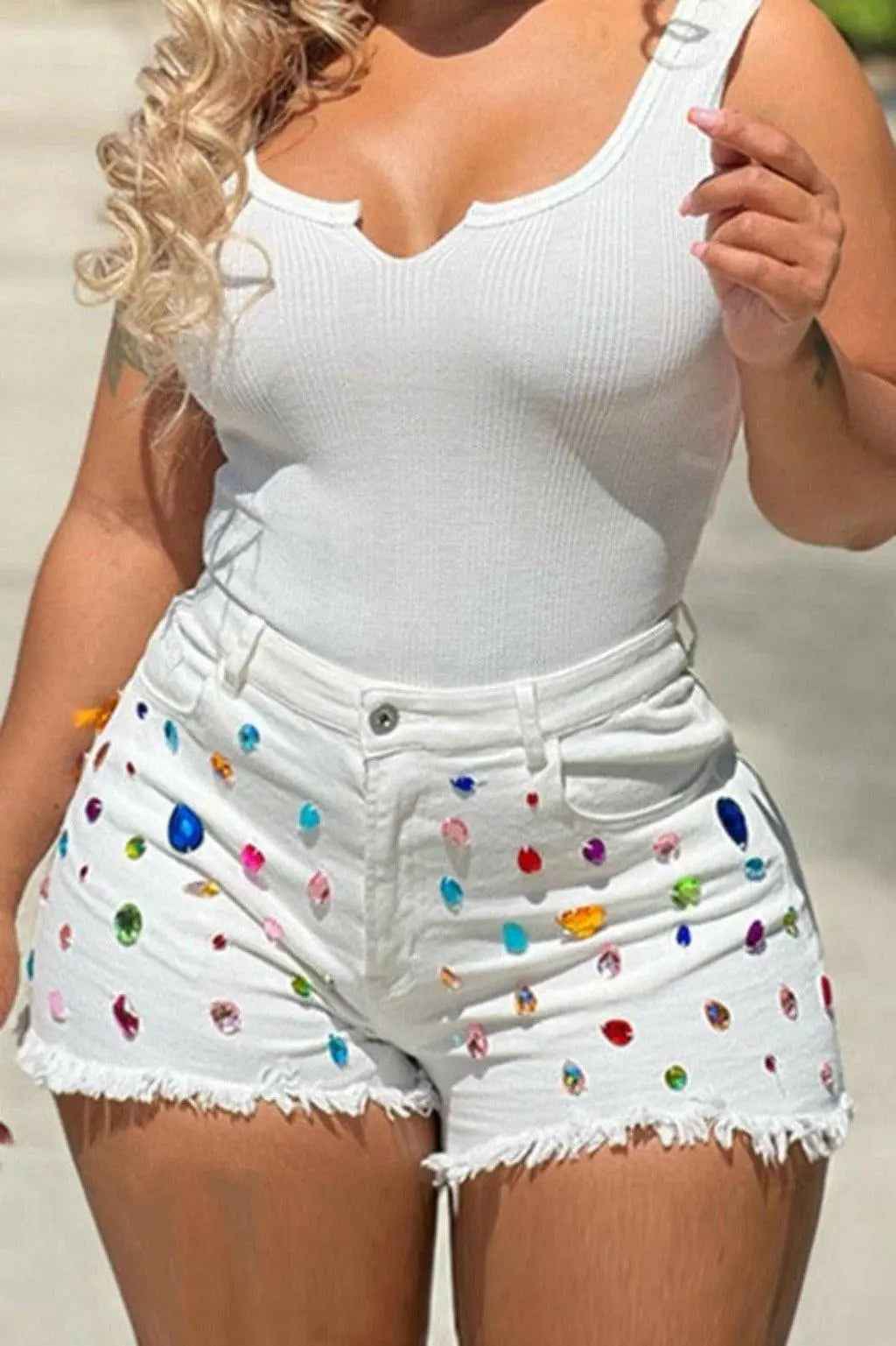 Rhinestone denim shorts front view - Epicplacess