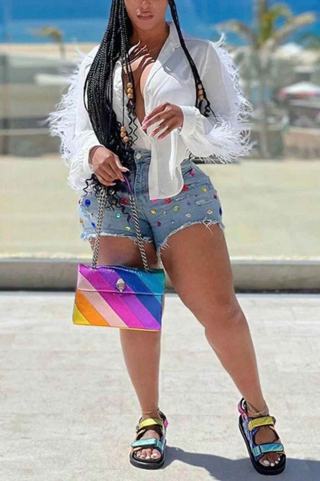 Blue rhinestone jewel denim shorts - Epicplacess