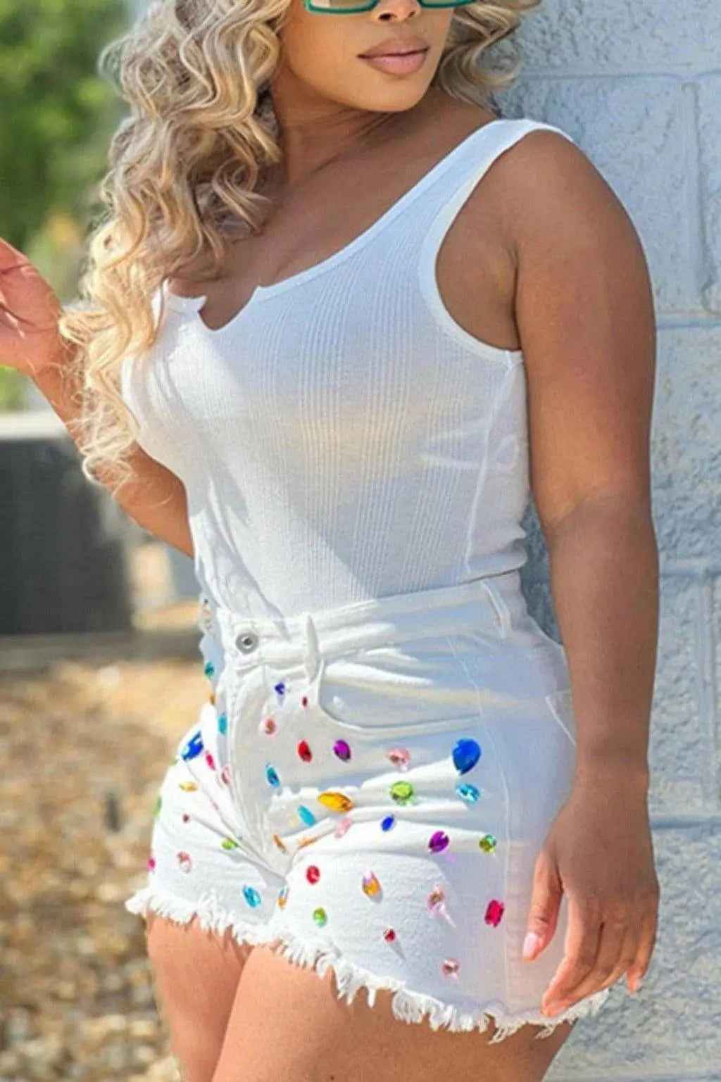 Jewel denim shorts outfit view - Epicplacess