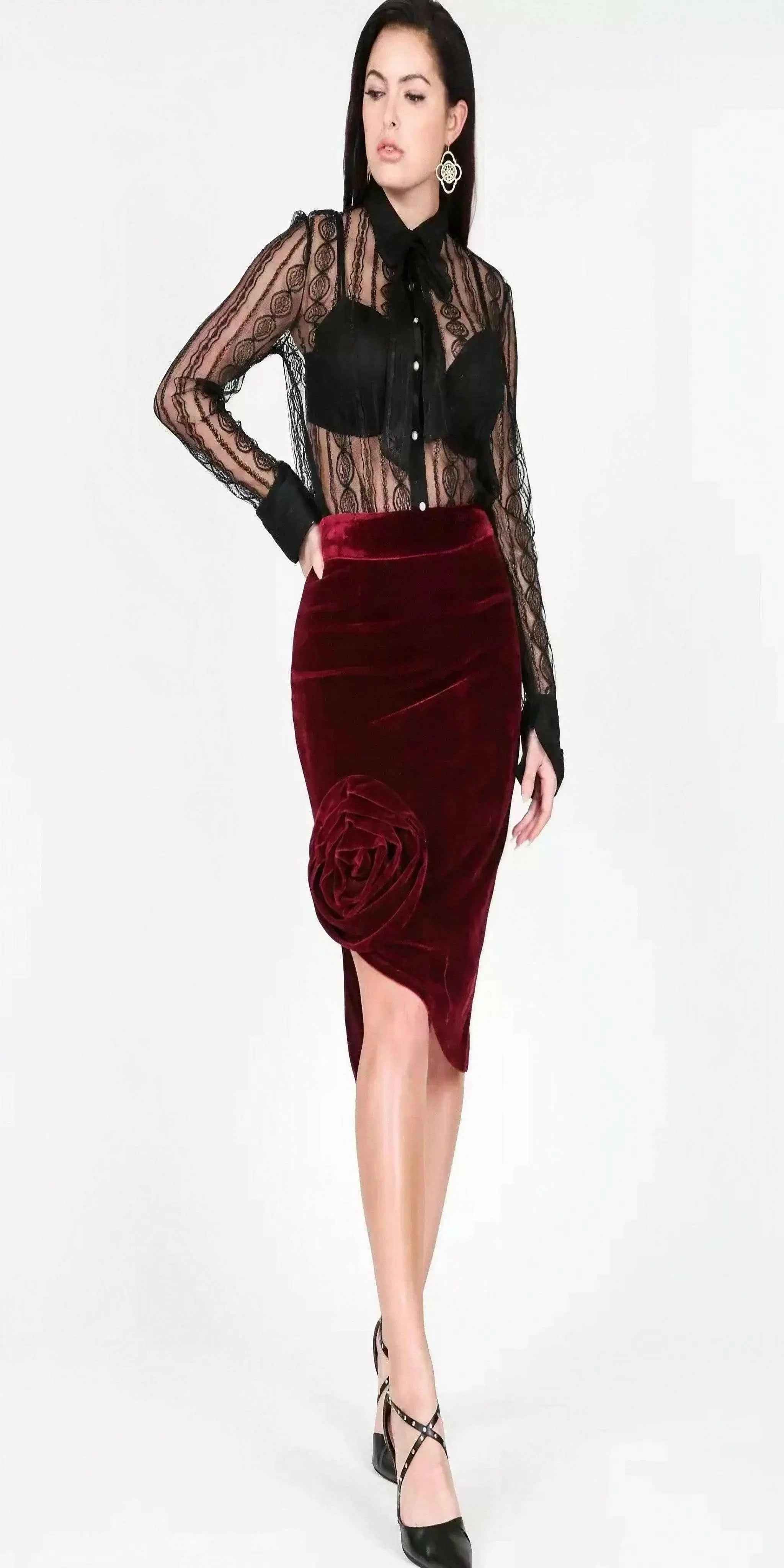 Asymmetrical Fr Hem Flower Midi Skirt