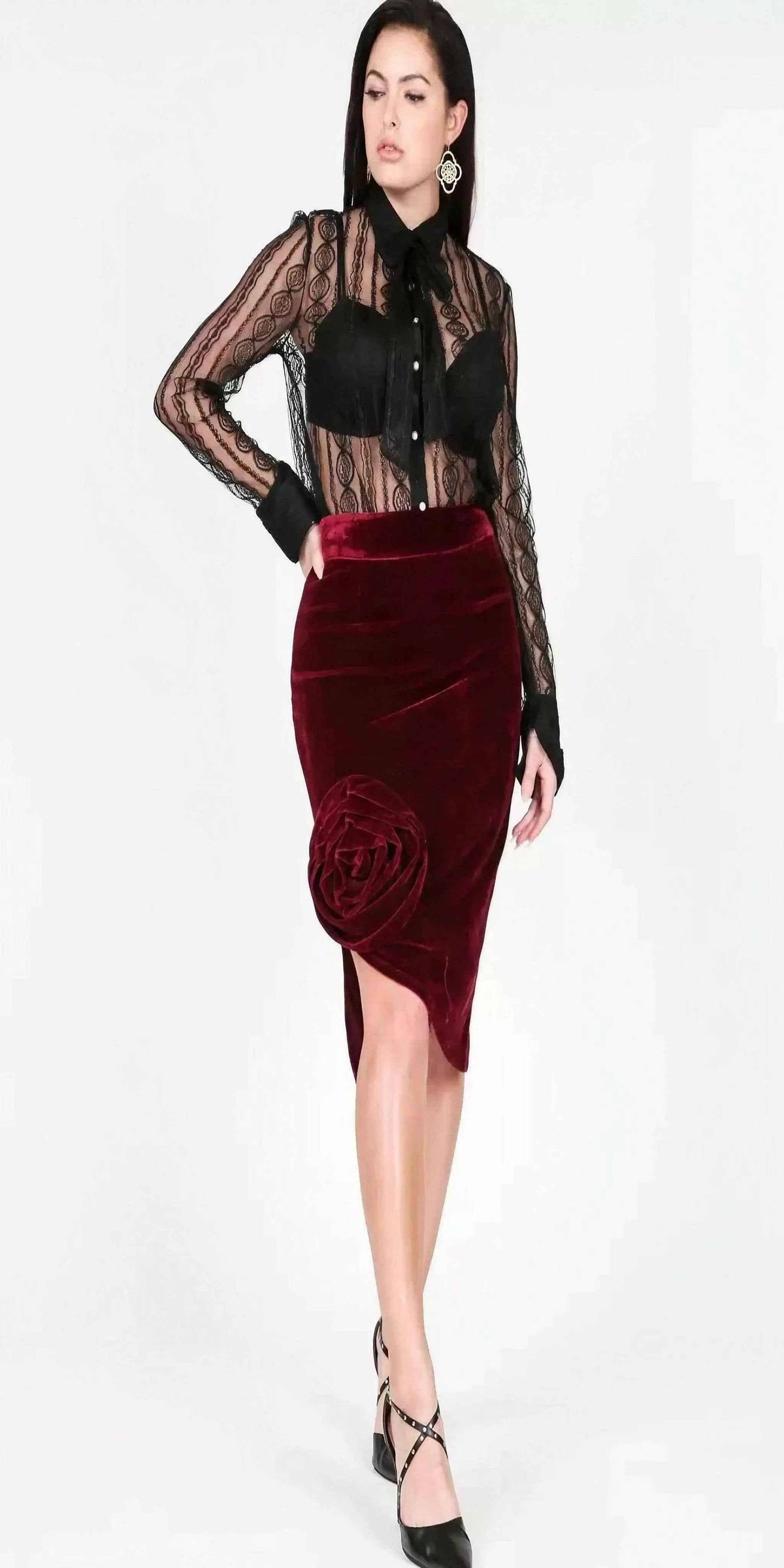 Asymmetrical flower midi skirt outfit view - Epicplacess