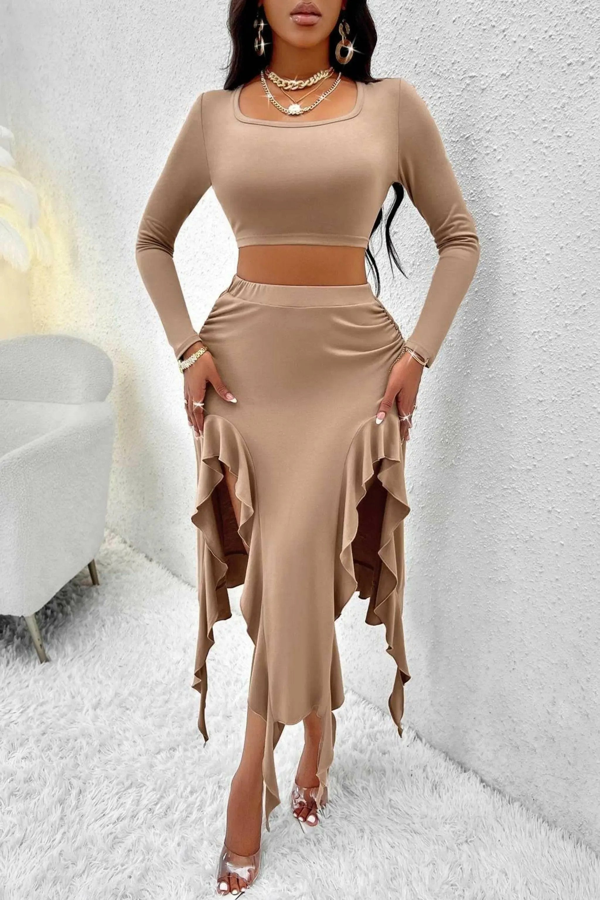 Brown sweater skirt set front view - Epicplacess