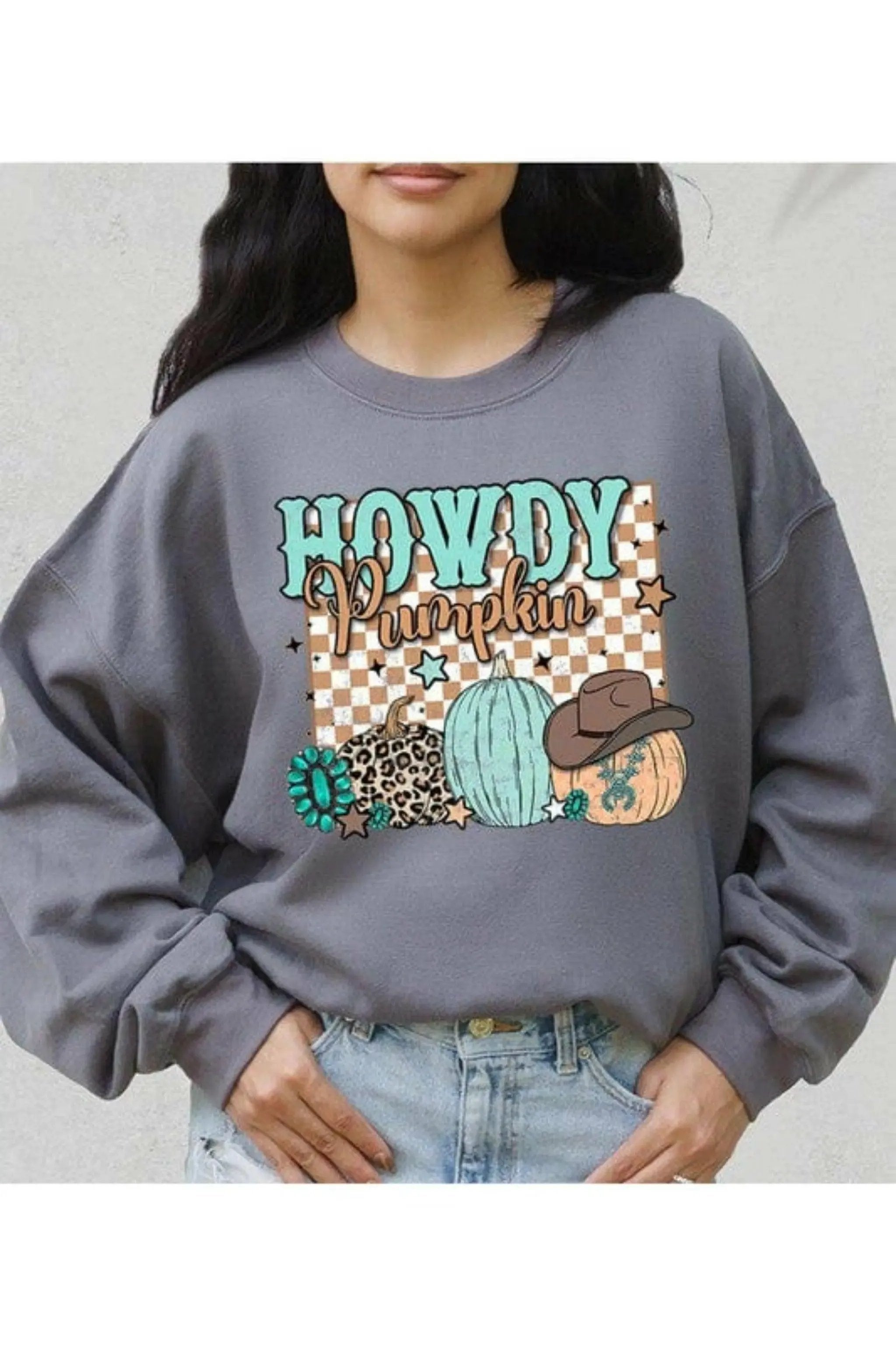 Gray pumpkin fleece graphic sweater - Epicplacess