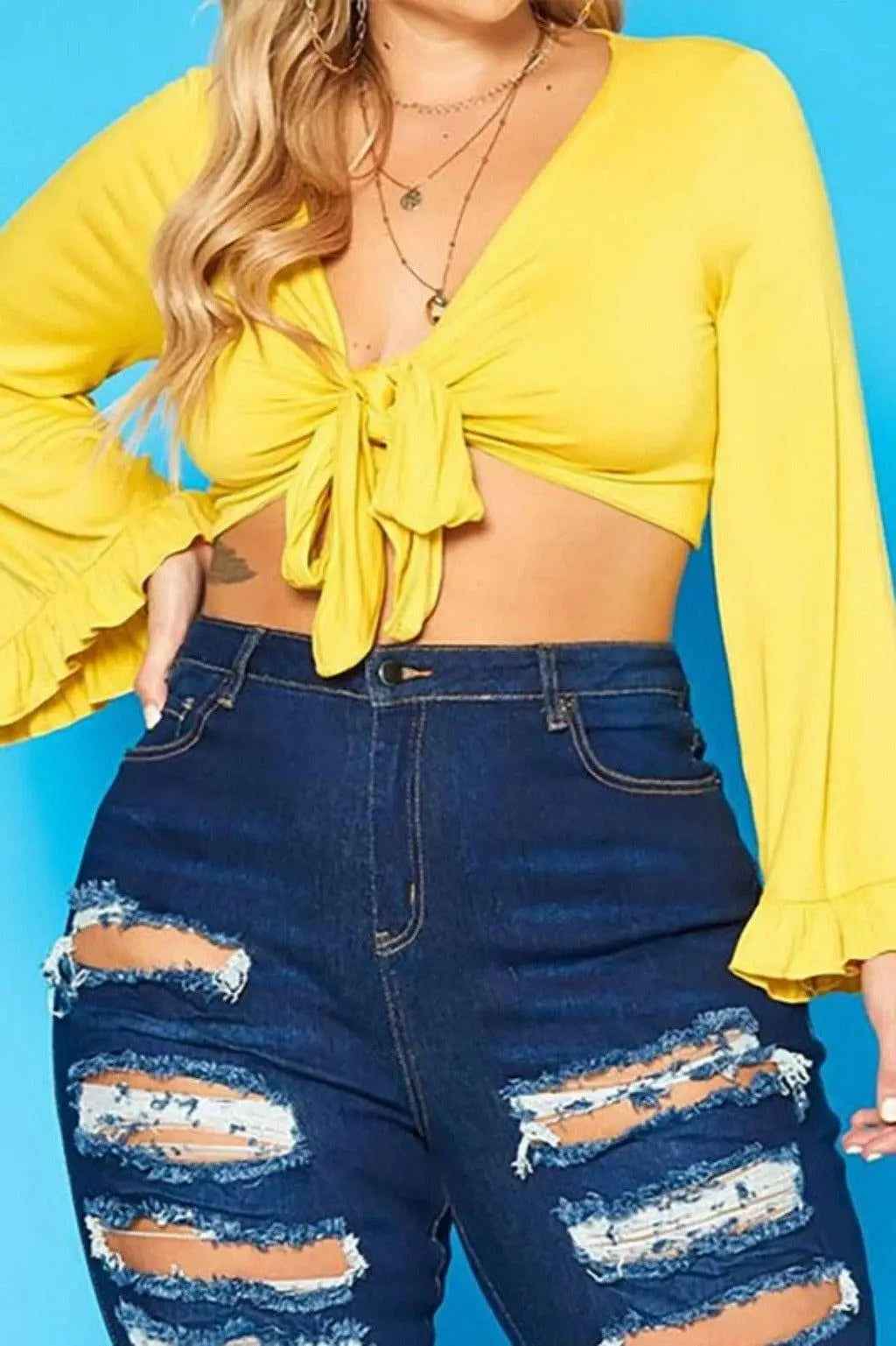 Plus wide-flare tie-front long-sleeve top - Epicplacess