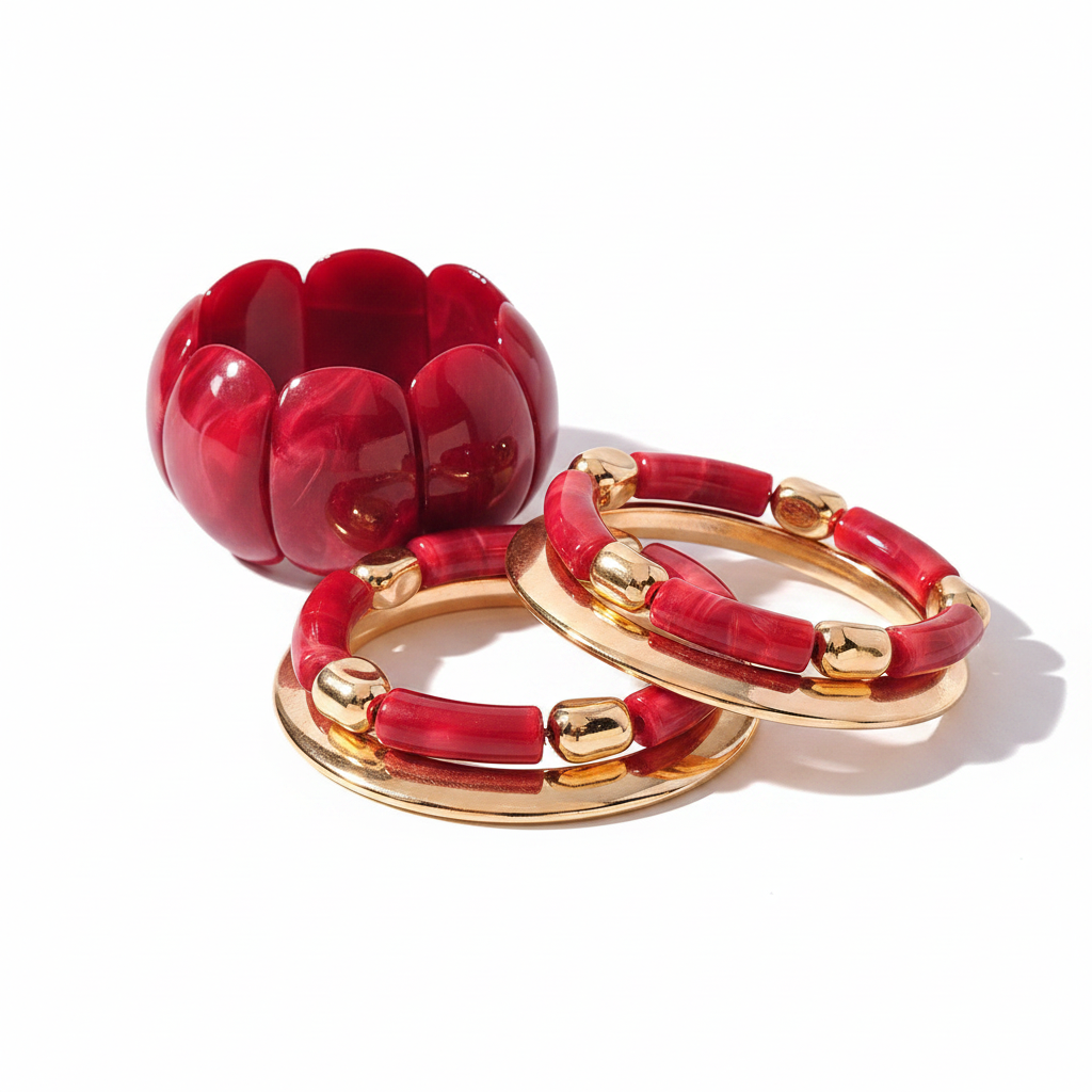 Red Marbled Resin & Gold Bracelet Stack Set