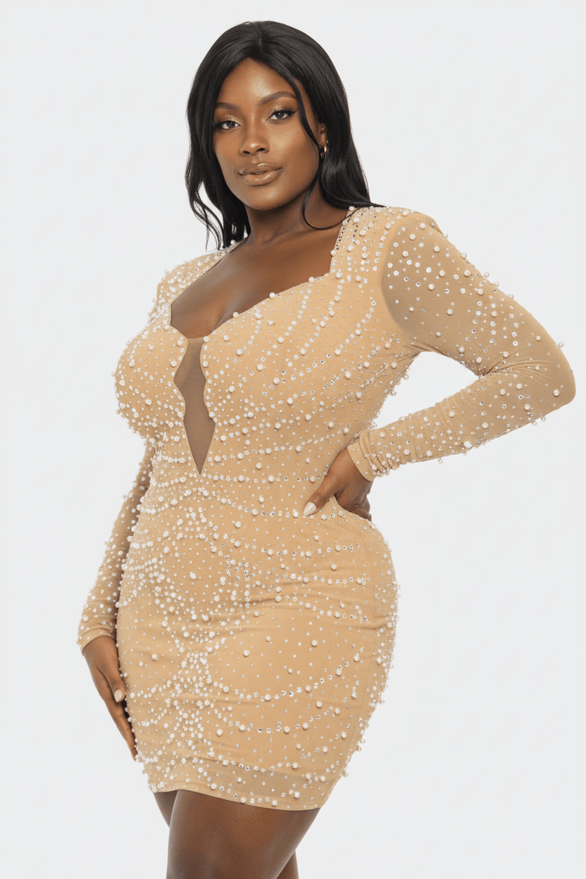Nude Pearl Rhinestone Long Sleeve Plunge Bodycon Mini Dress - Front Three-Quarter View