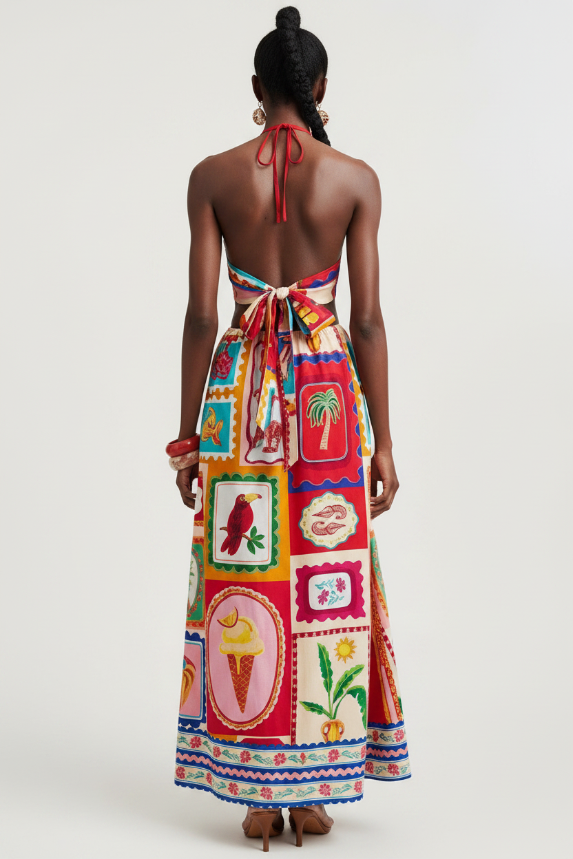 Tropical Postage Stamp Halter Maxi Dress - Back Studio Enhanced