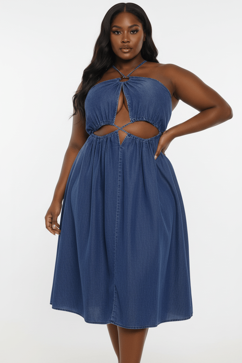 Plus Size Denim Halter Cutout Maxi Dress - Detail Studio Enhanced