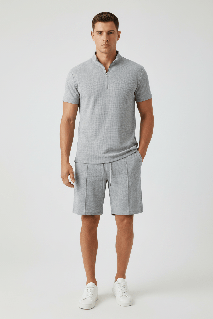 Men's Waffle-Knit Quarter-Zip Co-ord Set – Grey Front Flat Lay