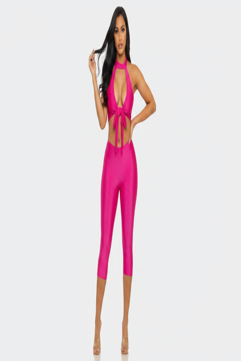 Halter Cutout Crop Top & Capri Set - Hot Pink Studio Enhanced
