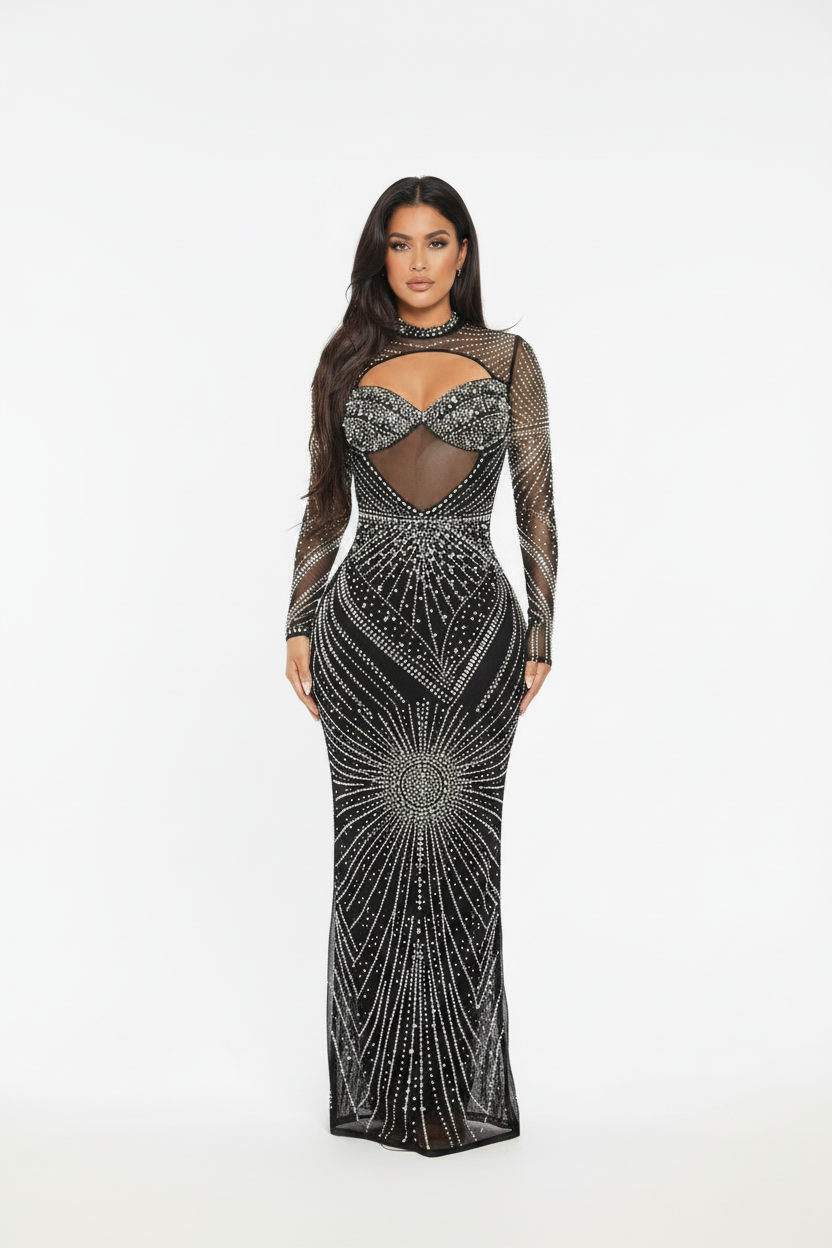 Black crystal baguette rhinestone cutout underwire maxi gown front view