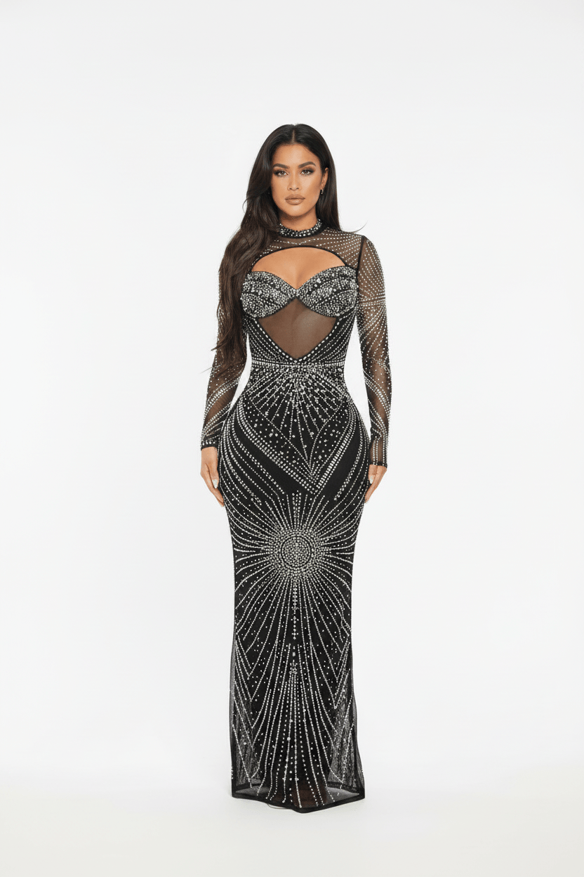 Black crystal baguette rhinestone cutout underwire maxi gown front view