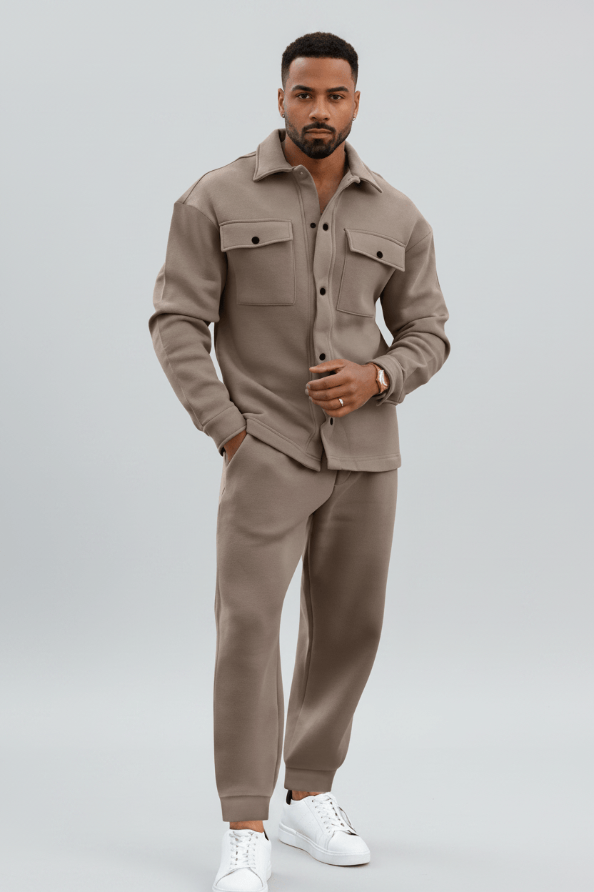 Men's Fleece Overshirt & Jogger Co-ord Set – Khaki Front View