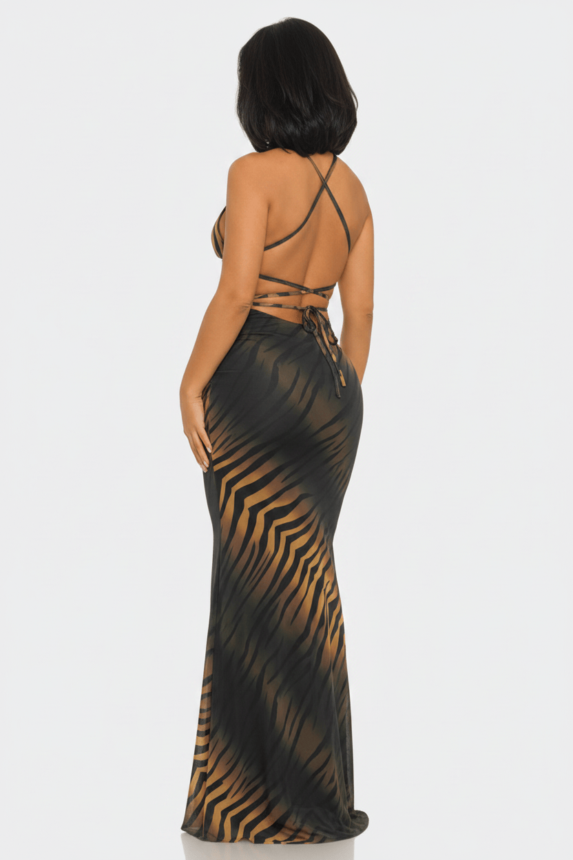 Tiger Print Mesh Maxi Dress - Studio Enhanced