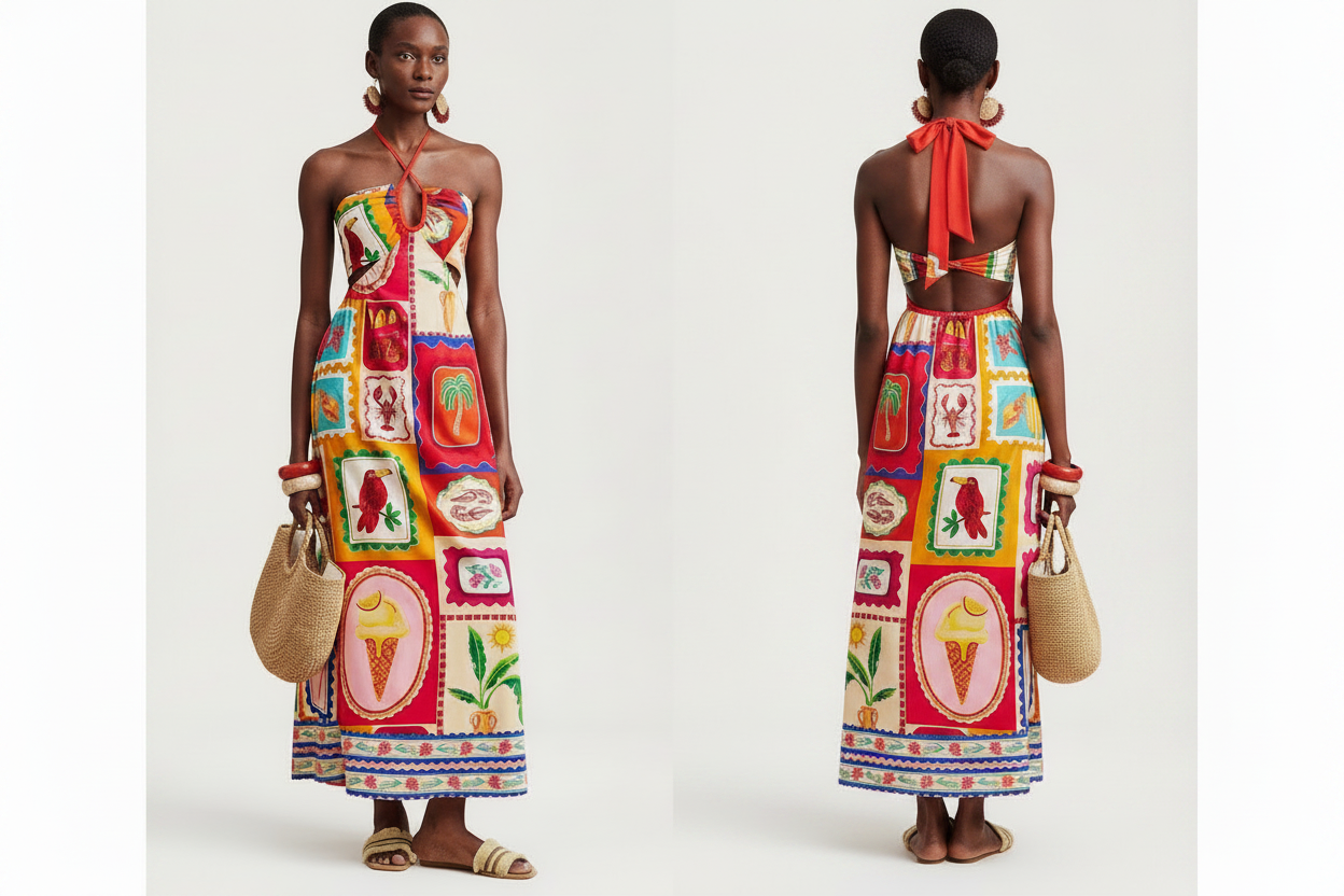 Tropical Postage Stamp Halter Maxi Dress - Front Studio Enhanced